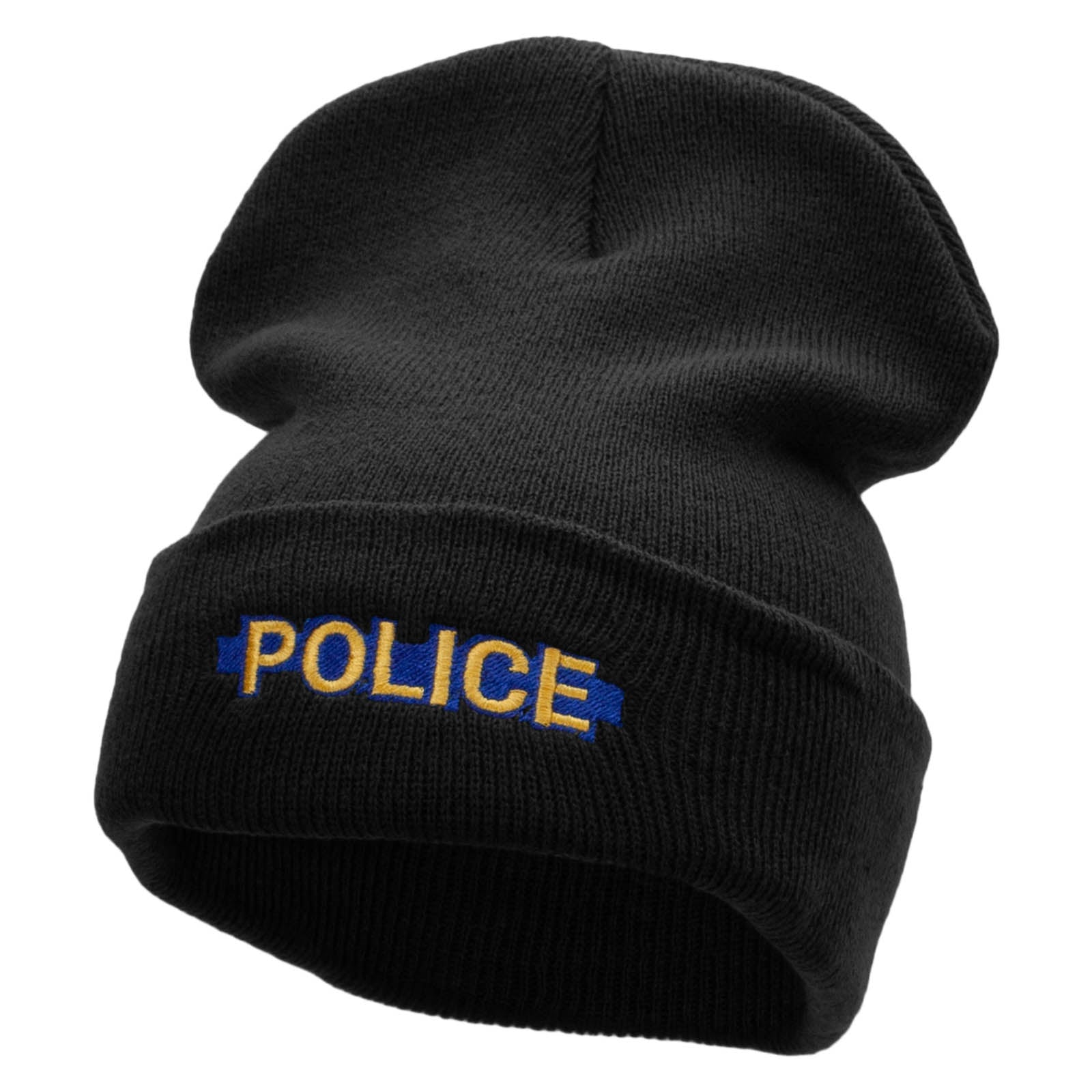 Police Blue Line Embroidered 12 Inch Solid Long Beanie Made in USA - Black OSFM