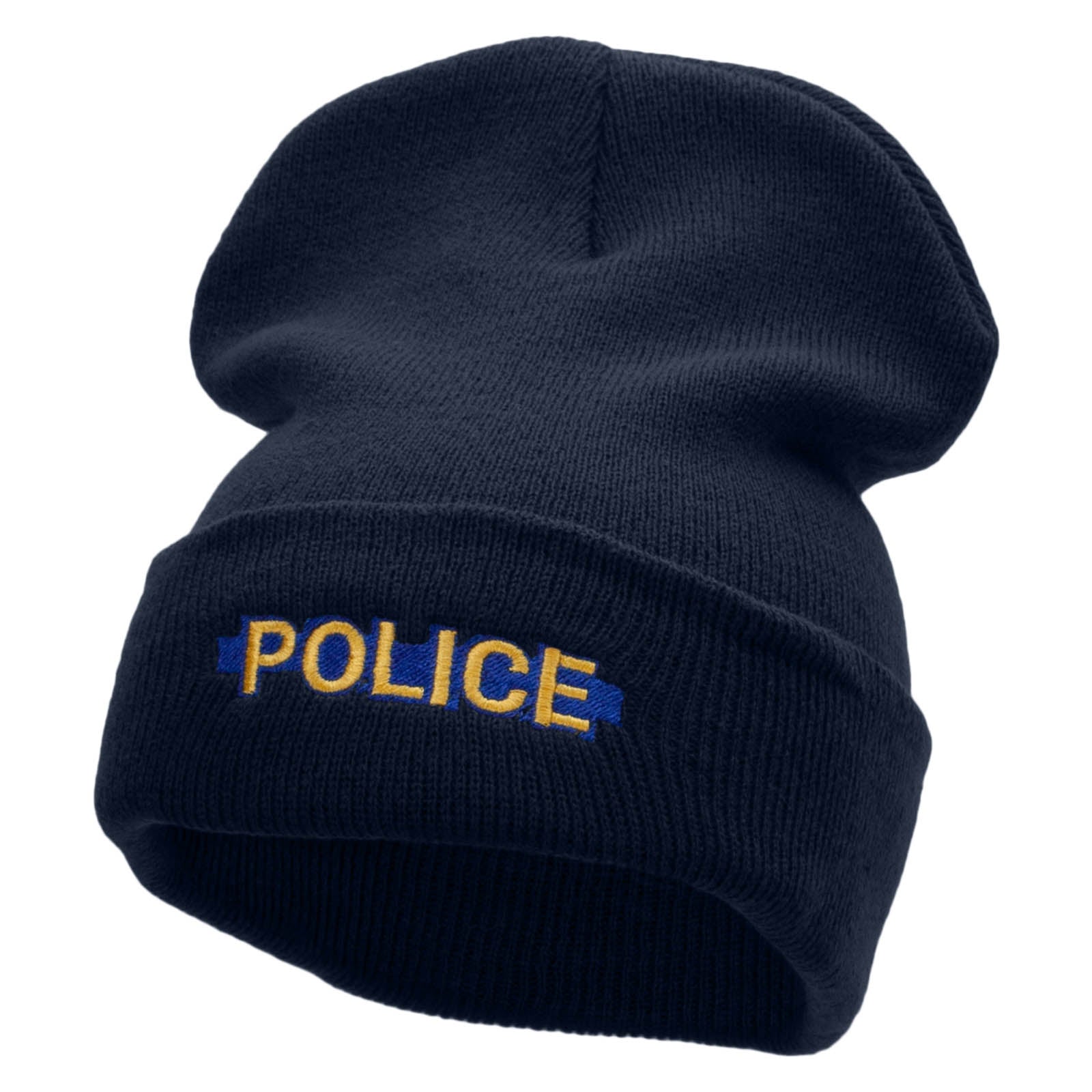 Police Blue Line Embroidered 12 Inch Solid Long Beanie Made in USA - Navy OSFM