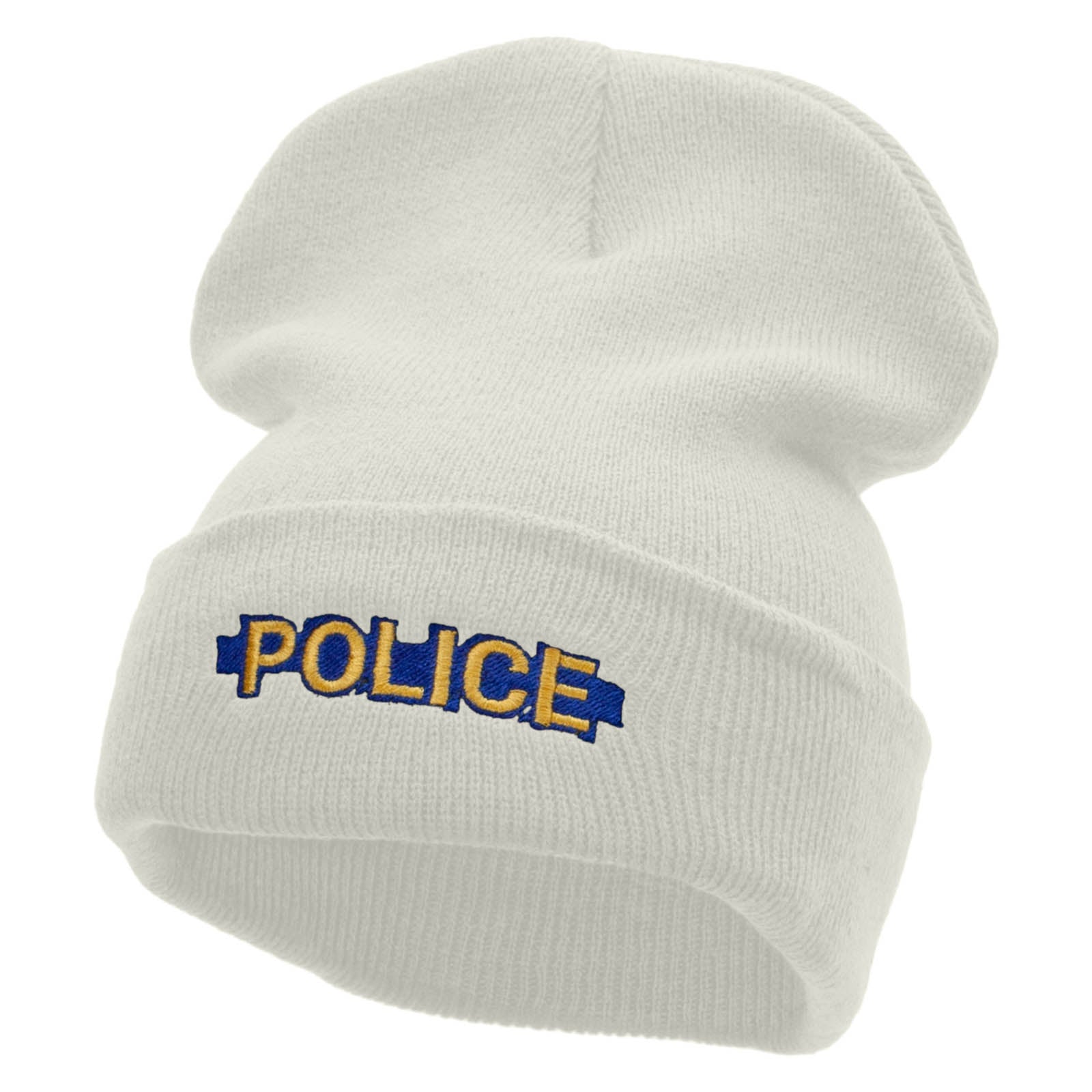 Police Blue Line Embroidered 12 Inch Solid Long Beanie Made in USA - White OSFM
