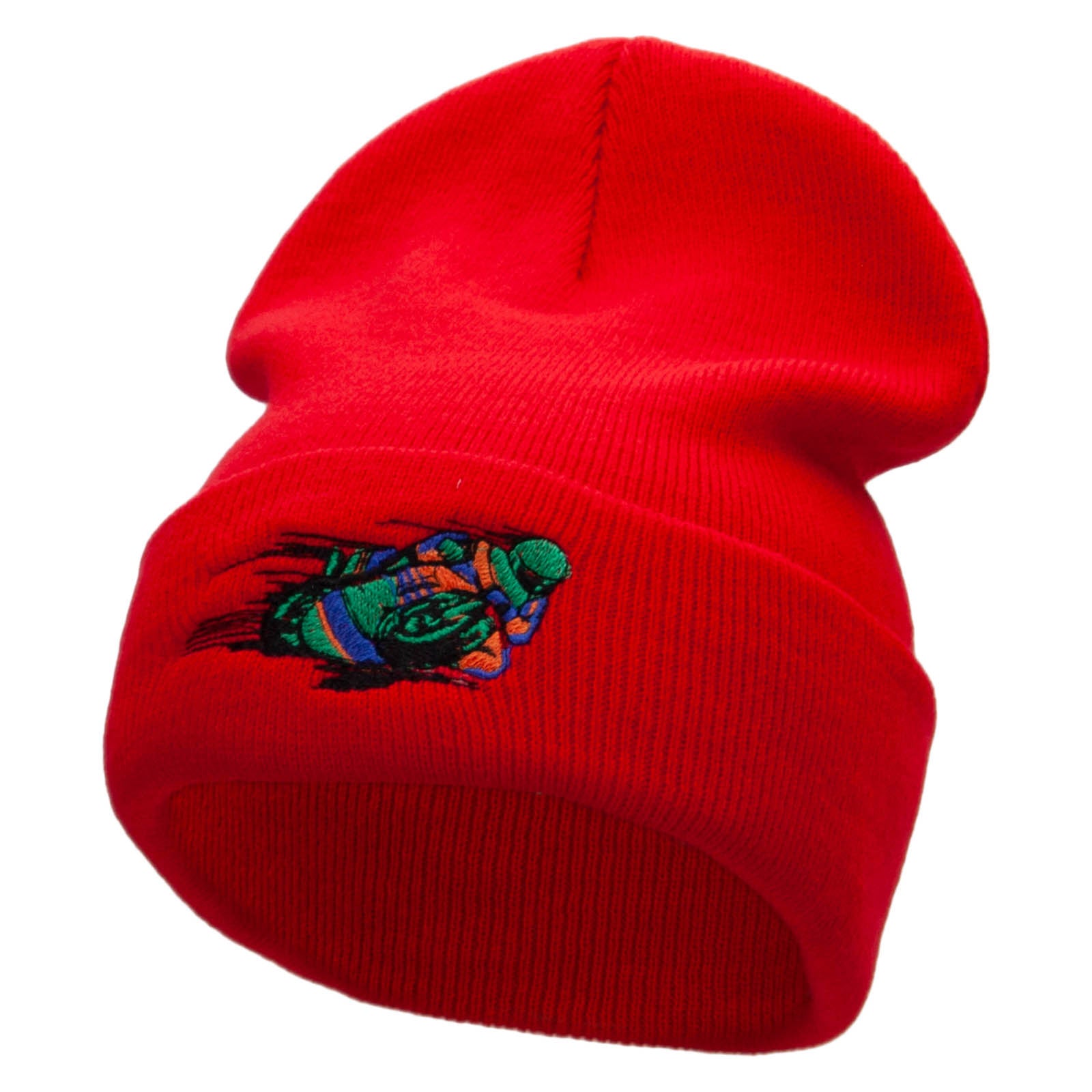 Moto Racer Embroidered 12 Inch Long Knitted Beanie - Red OSFM