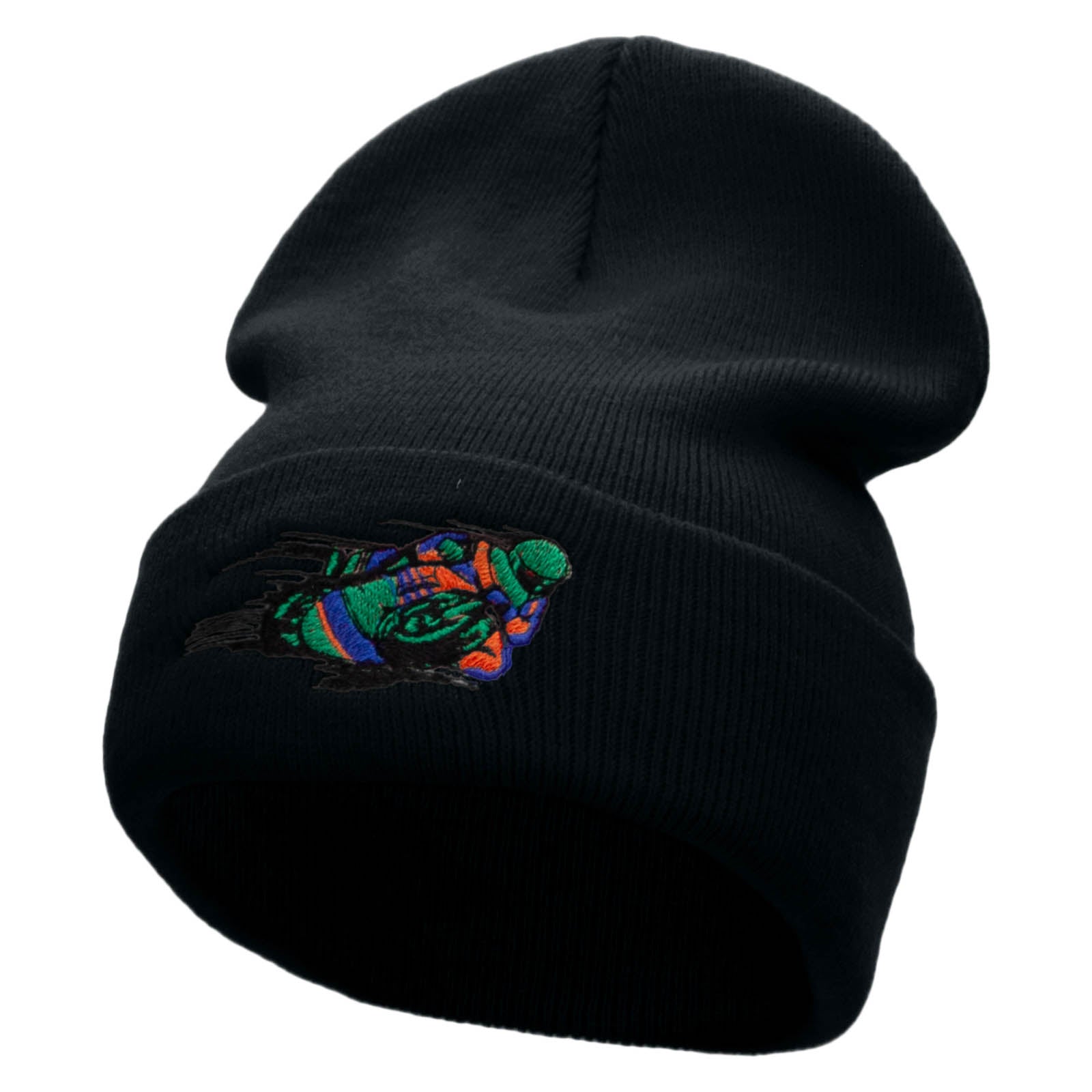 Moto Racer Embroidered 12 Inch Long Knitted Beanie - Navy OSFM