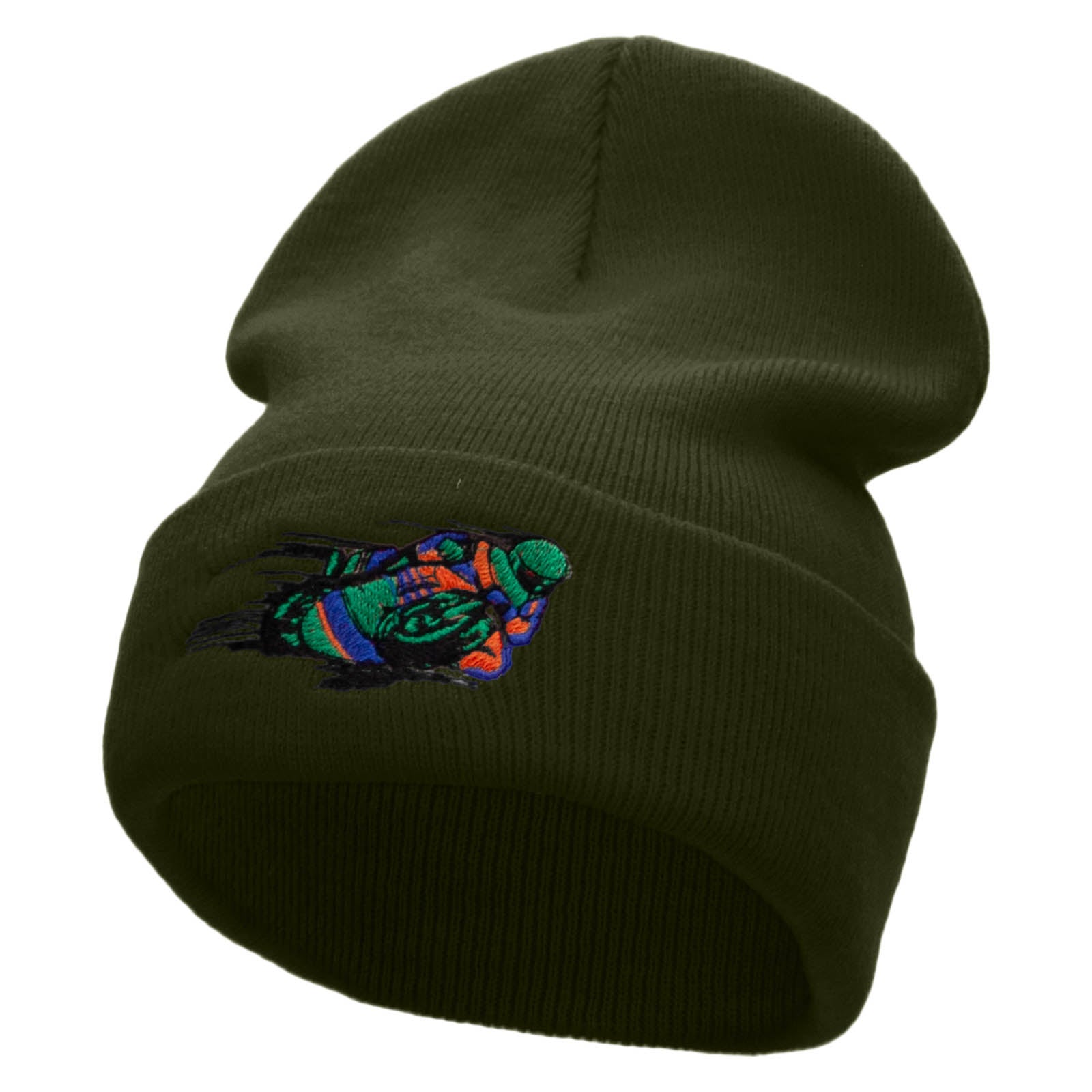 Moto Racer Embroidered 12 Inch Long Knitted Beanie - Olive OSFM