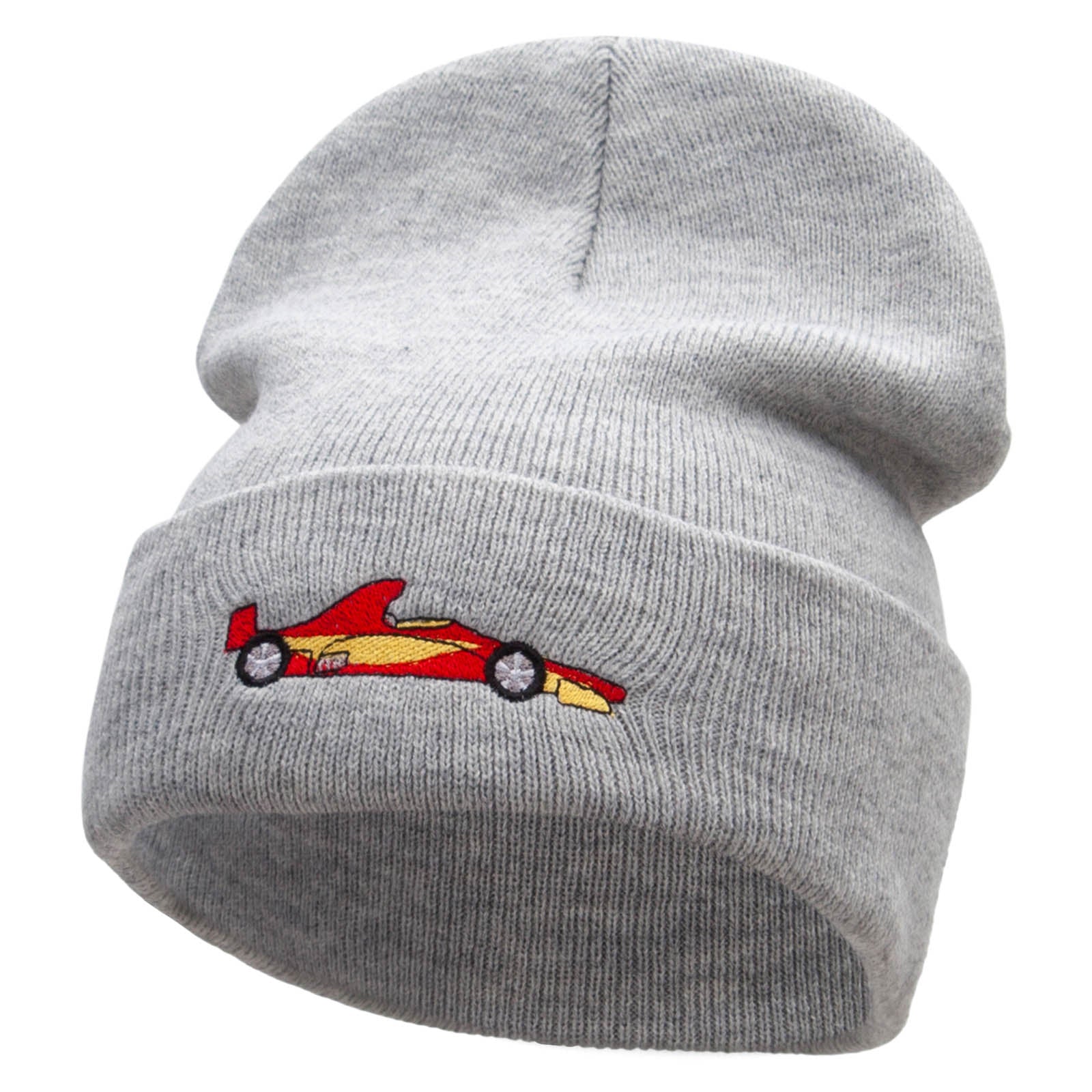 Grand Prix Racer Embroidered 12 Inch Long Knitted Beanie - Heather Grey OSFM