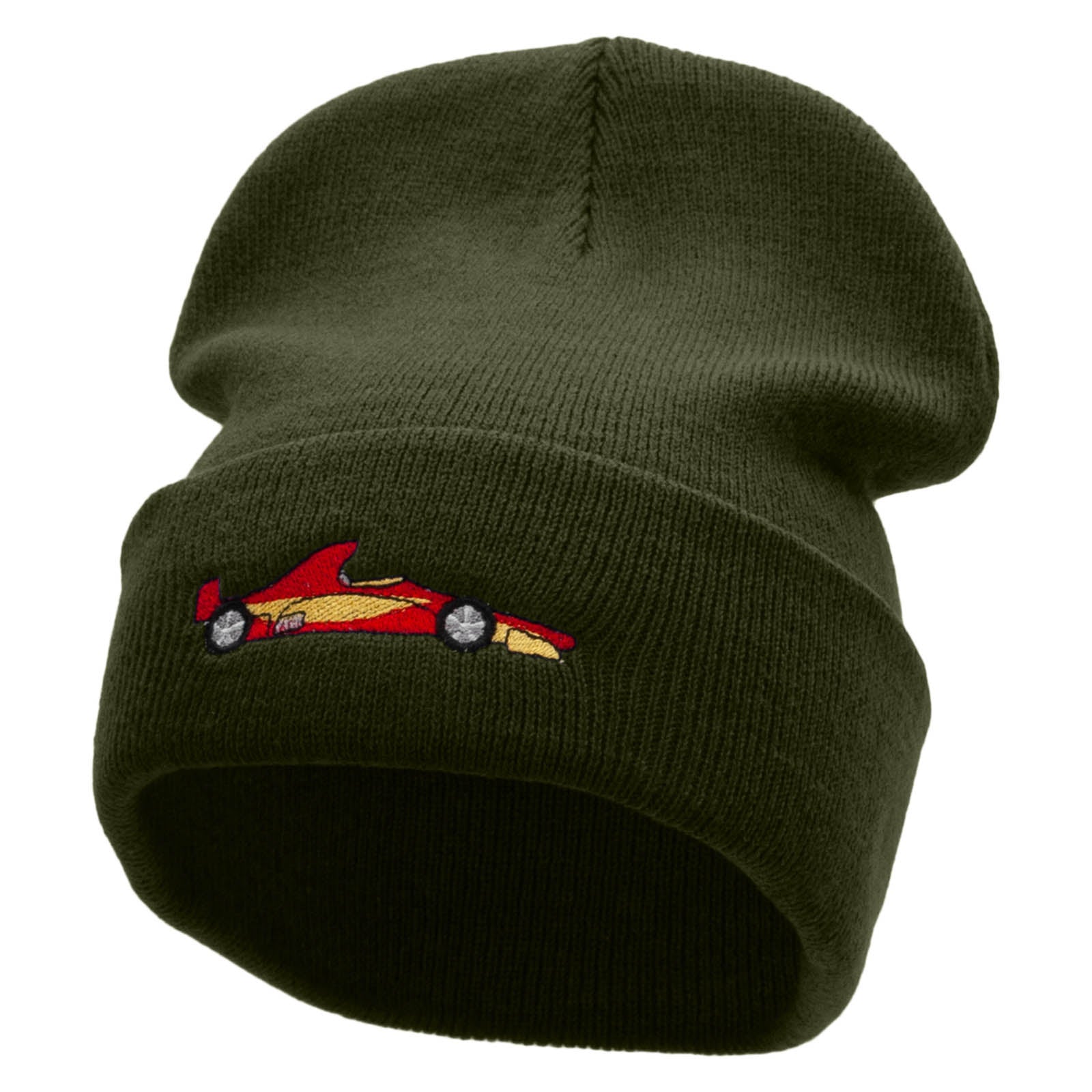 Grand Prix Racer Embroidered 12 Inch Long Knitted Beanie - Olive OSFM