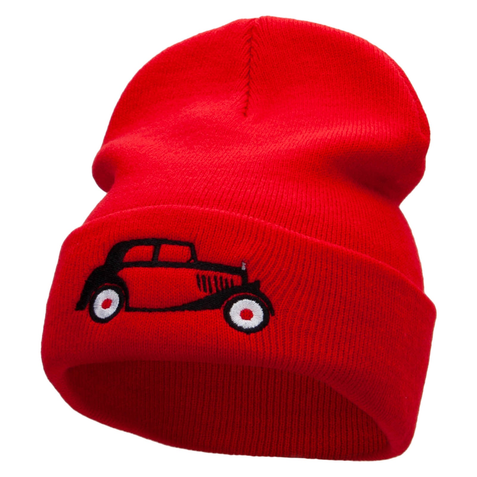 Vintage Vehicle Embroidered 12 Inch Long Knitted Beanie - Red OSFM
