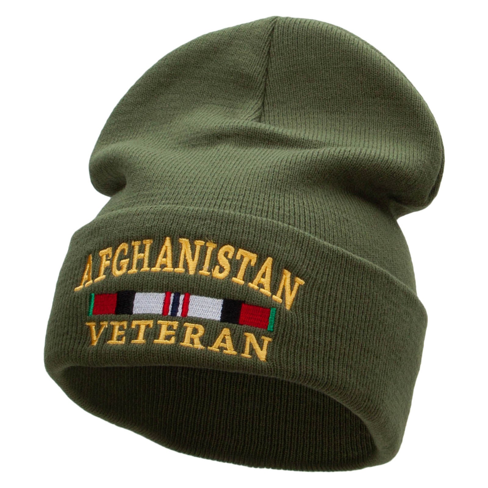 Afghanistan War Ribbon Embroidered 12 Inch Solid Knit Cuff Long Beanie Made in USA - Military Green OSFM