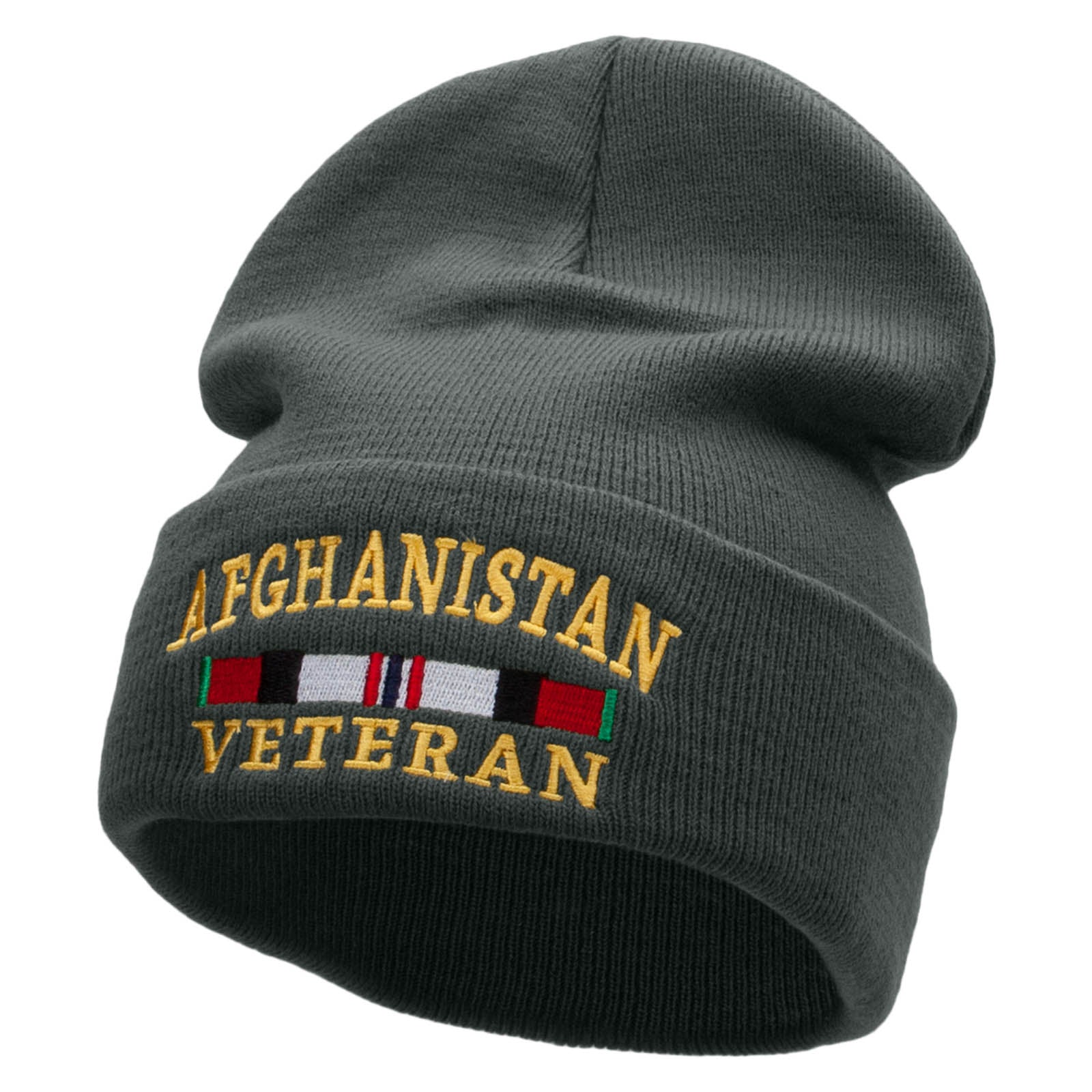 Afghanistan War Ribbon Embroidered 12 Inch Solid Knit Cuff Long Beanie Made in USA - Graphite OSFM
