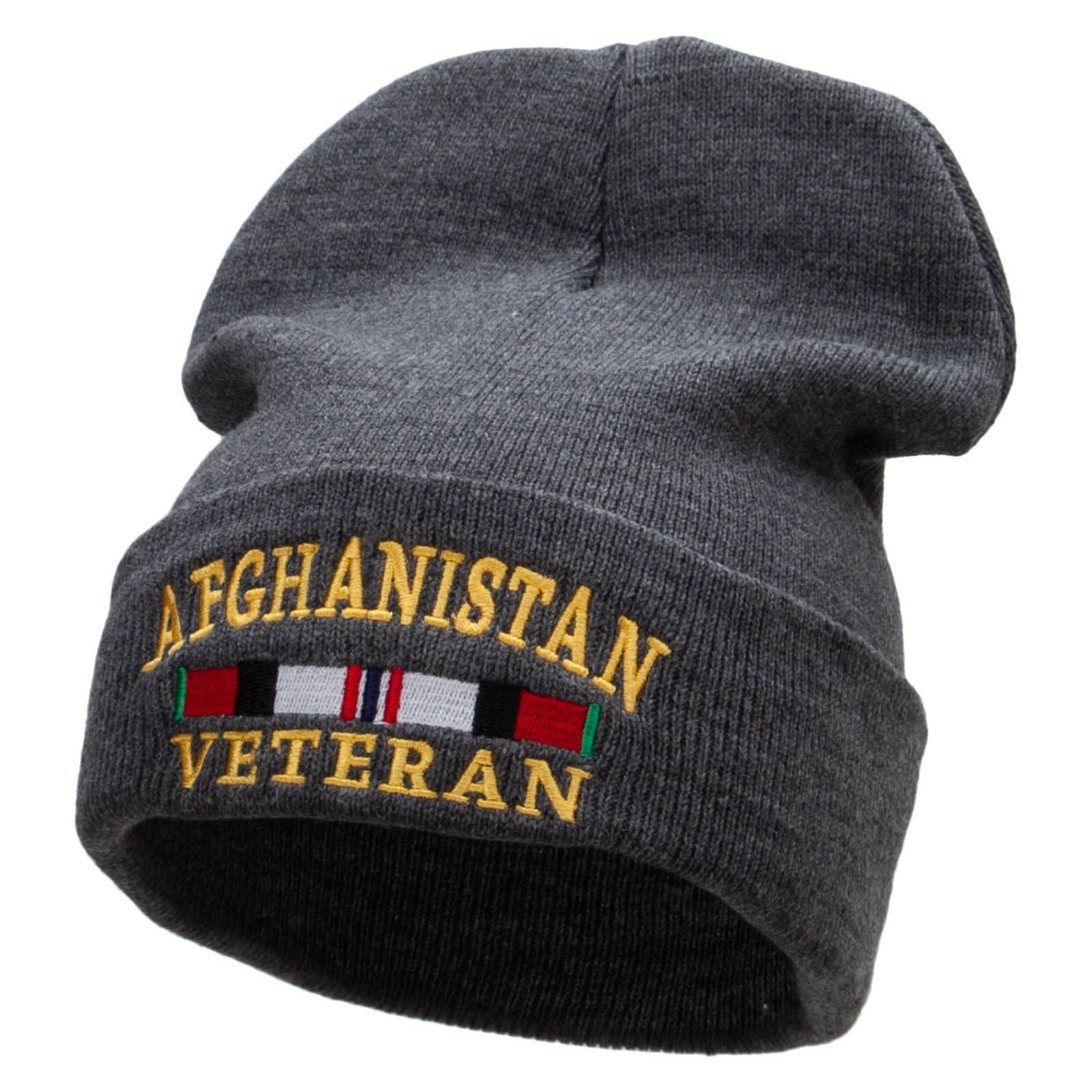 Afghanistan War Ribbon Embroidered 12 Inch Solid Knit Cuff Long Beanie Made in USA - Charcoal OSFM