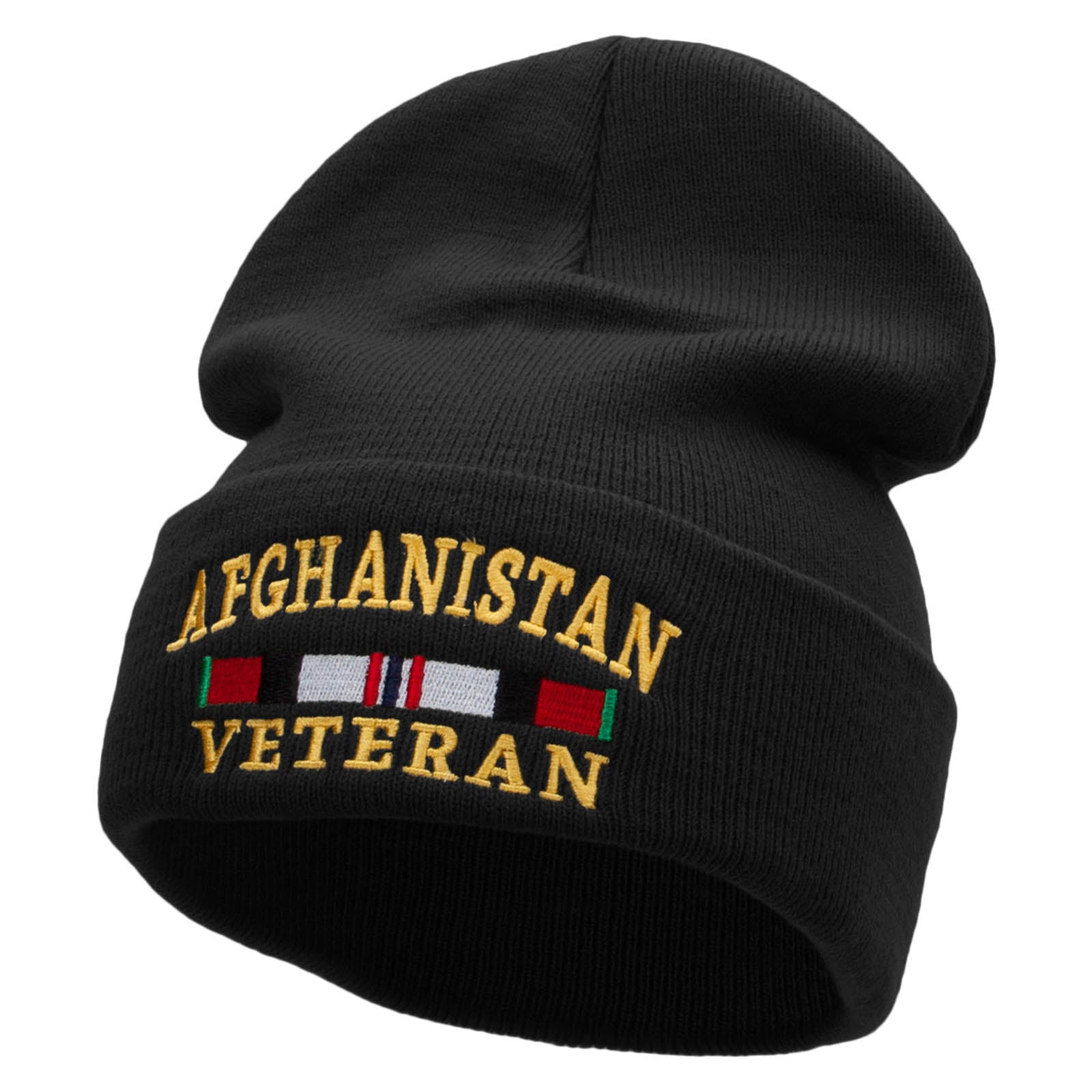 Afghanistan War Ribbon Embroidered 12 Inch Solid Knit Cuff Long Beanie Made in USA - Black OSFM