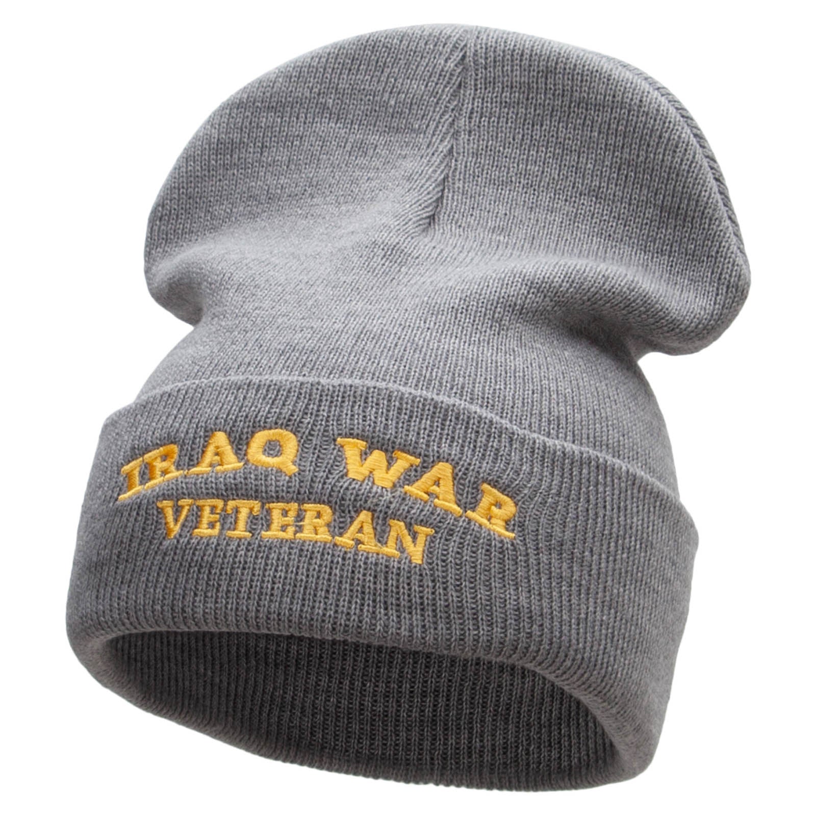 Iraq War Vet Embroidered 12 Inch Solid Long Beanie Made in USA - Lt Grey OSFM