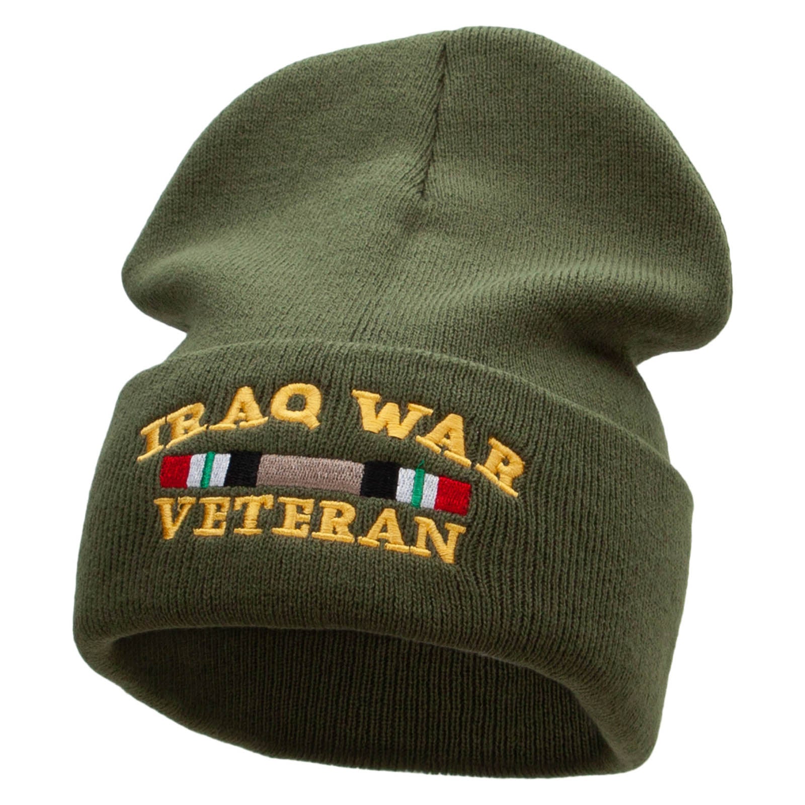 Iraq War Ribbon Embroidered 12 Inch Solid Knit Cuff Long Beanie Made in USA - Military Green OSFM