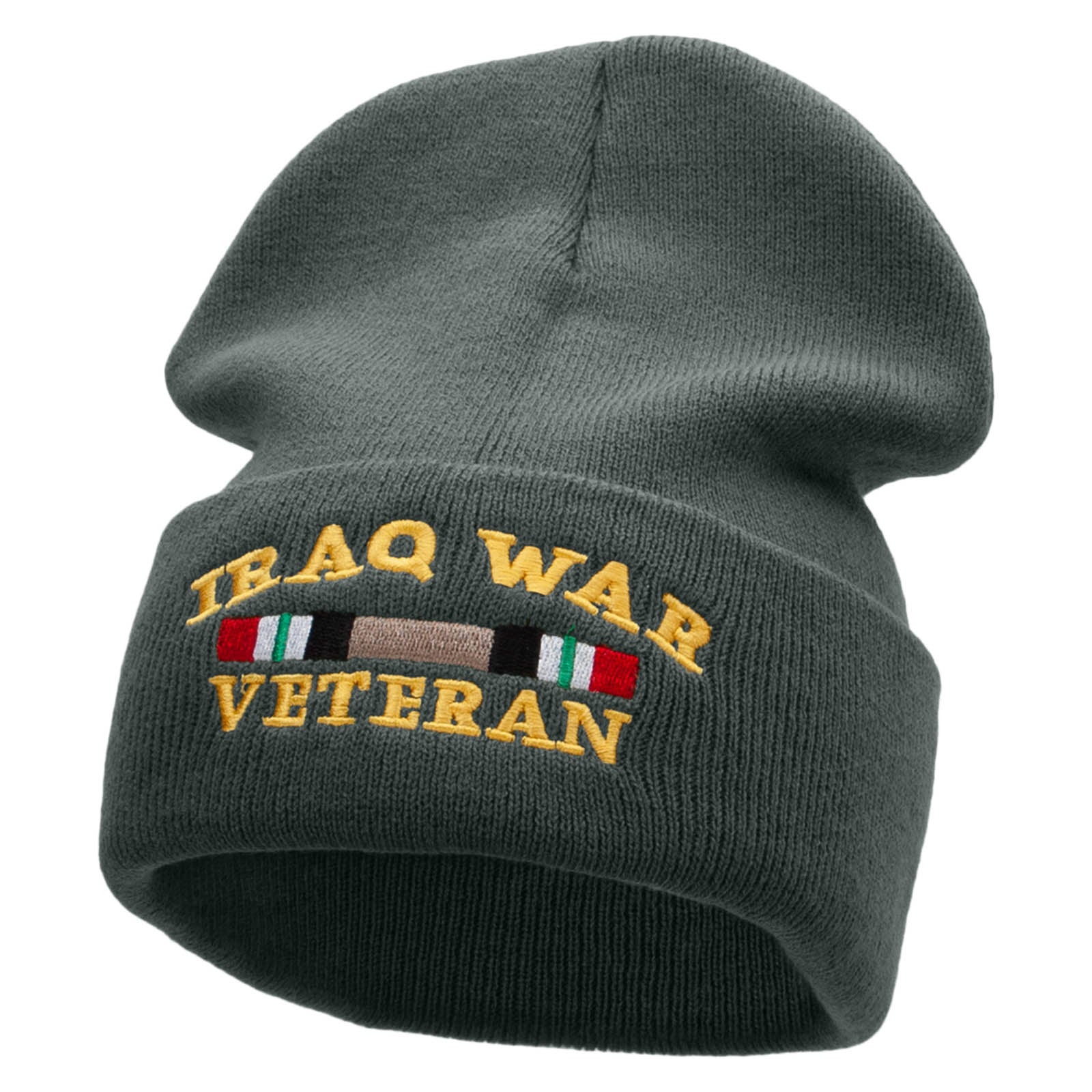 Iraq War Ribbon Embroidered 12 Inch Solid Knit Cuff Long Beanie Made in USA - Graphite OSFM