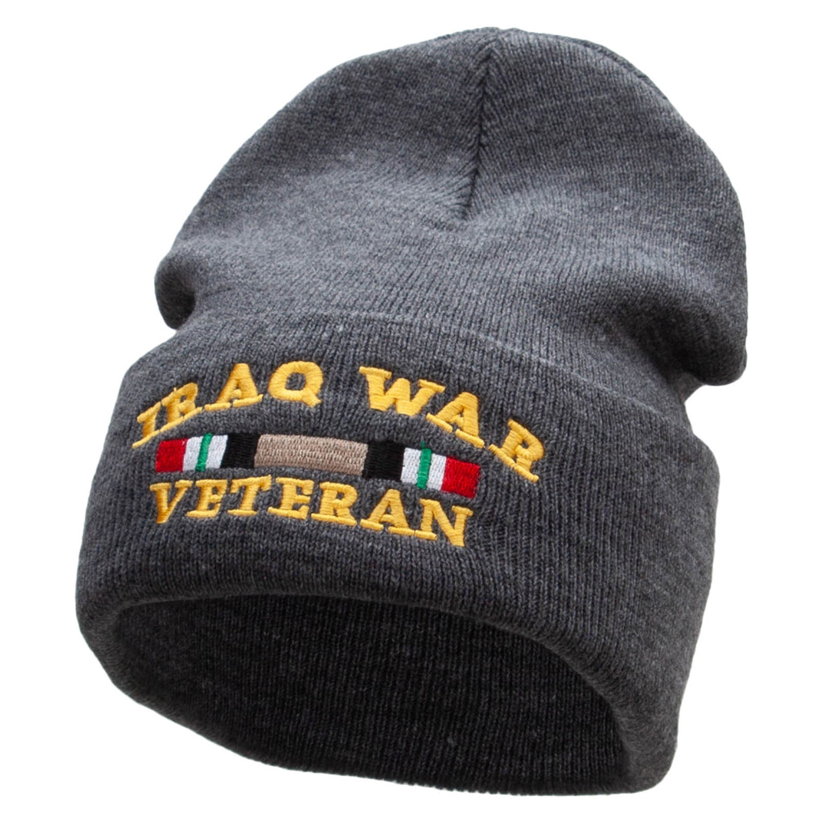 Iraq War Ribbon Embroidered 12 Inch Solid Knit Cuff Long Beanie Made in USA - Charcoal OSFM