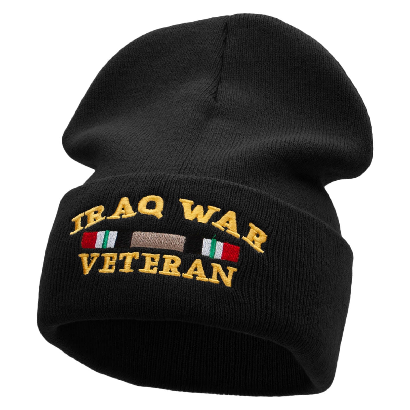 Iraq War Ribbon Embroidered 12 Inch Solid Knit Cuff Long Beanie Made in USA - Black OSFM