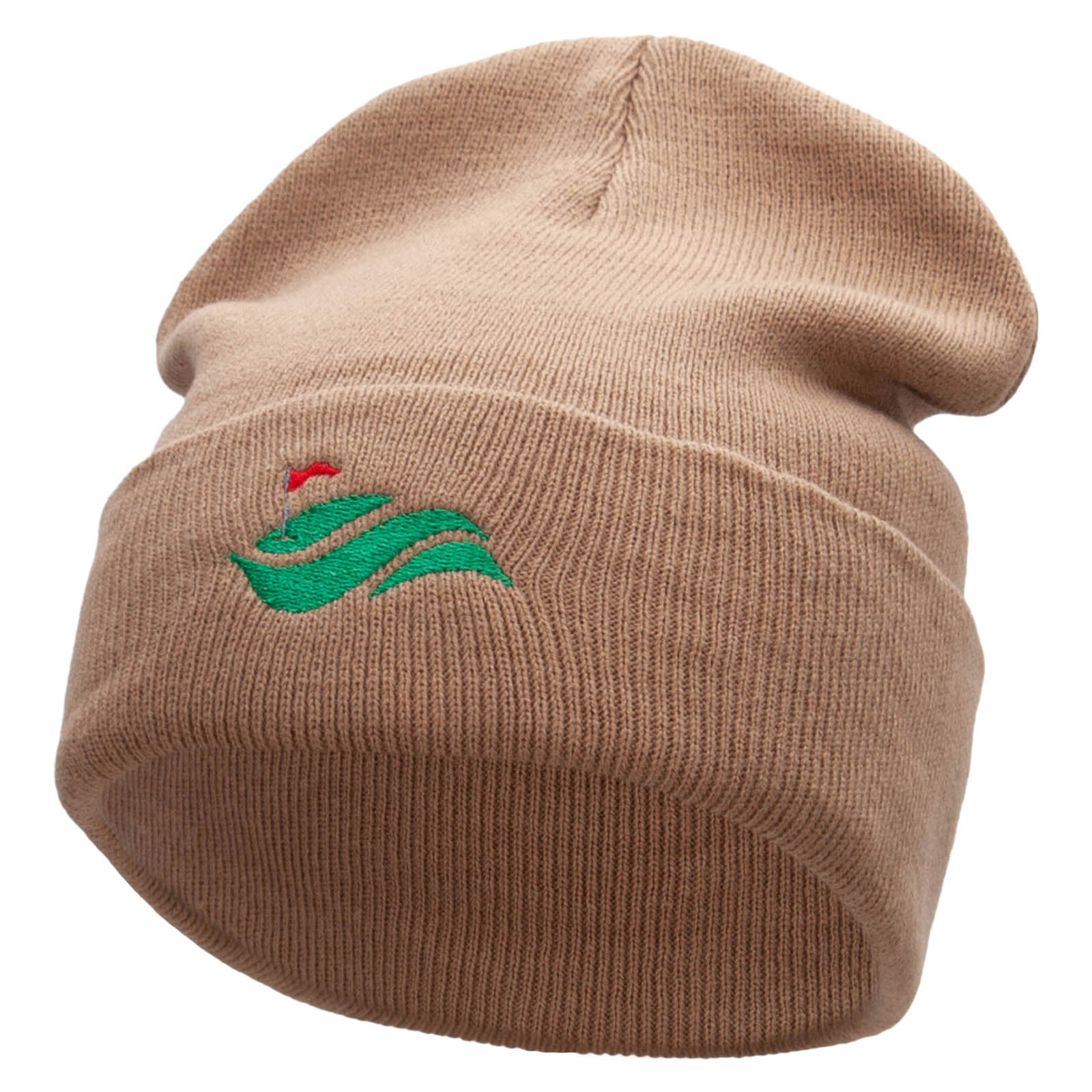Golf Cup and Greens Embroidered 12 inch Acrylic Cuffed Long Beanie - Khaki OSFM