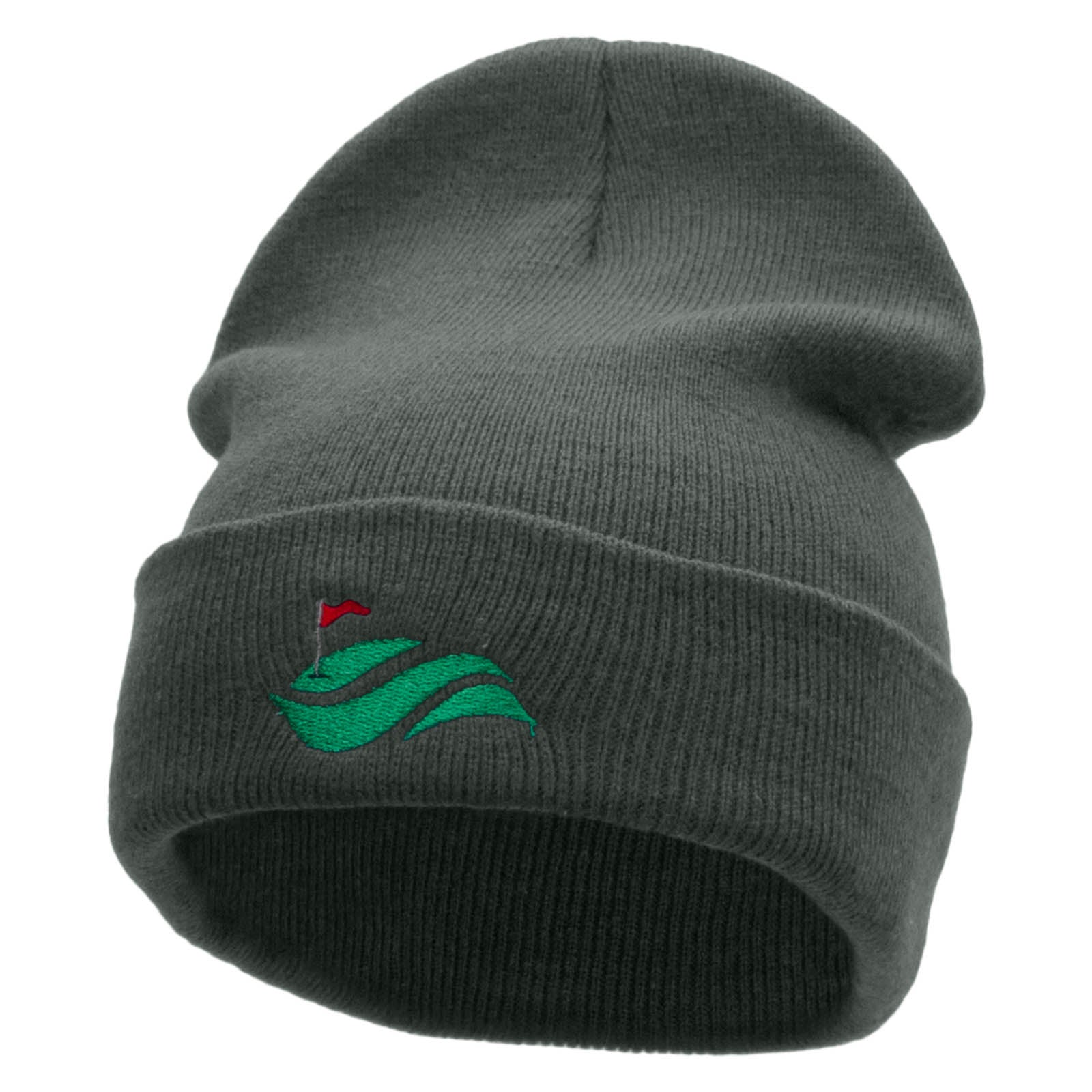 Golf Cup and Greens Embroidered 12 inch Acrylic Cuffed Long Beanie - Charcoal OSFM