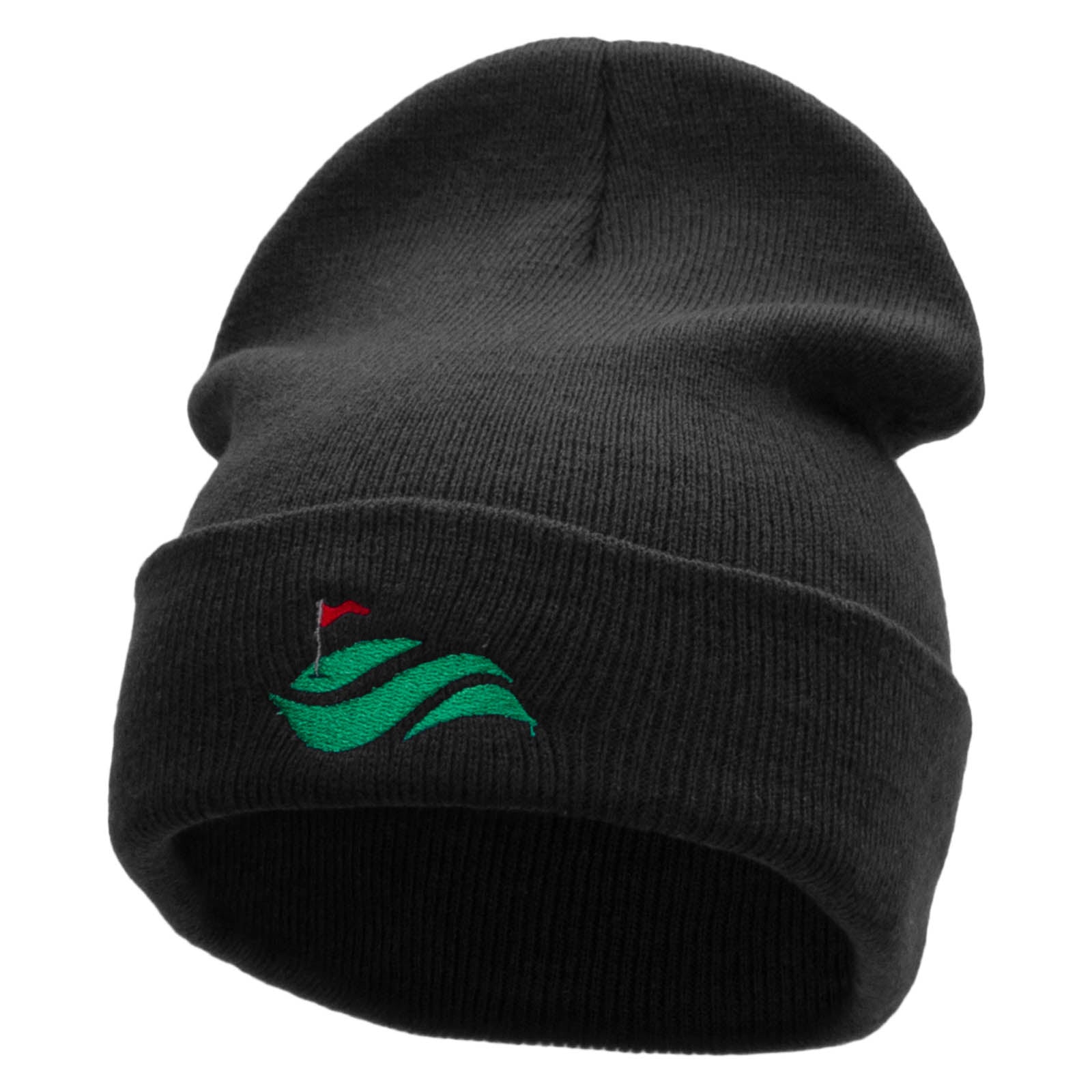 Golf Cup and Greens Embroidered 12 inch Acrylic Cuffed Long Beanie - Black OSFM