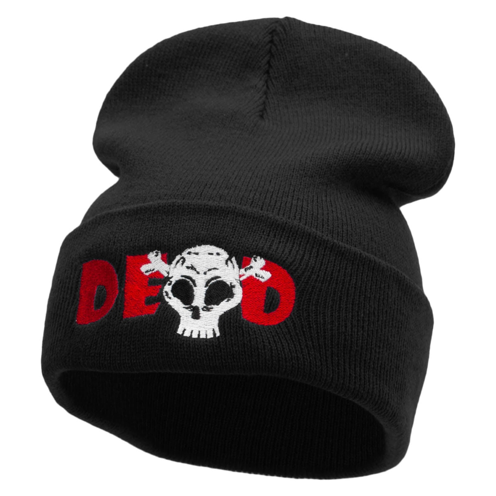 Dead Skull Embroidered 12 Inch Long Knitted Beanie - Black OSFM