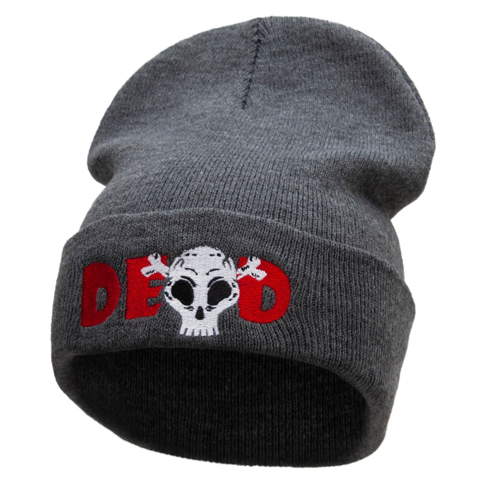Dead Skull Embroidered 12 Inch Long Knitted Beanie - Dk Grey OSFM