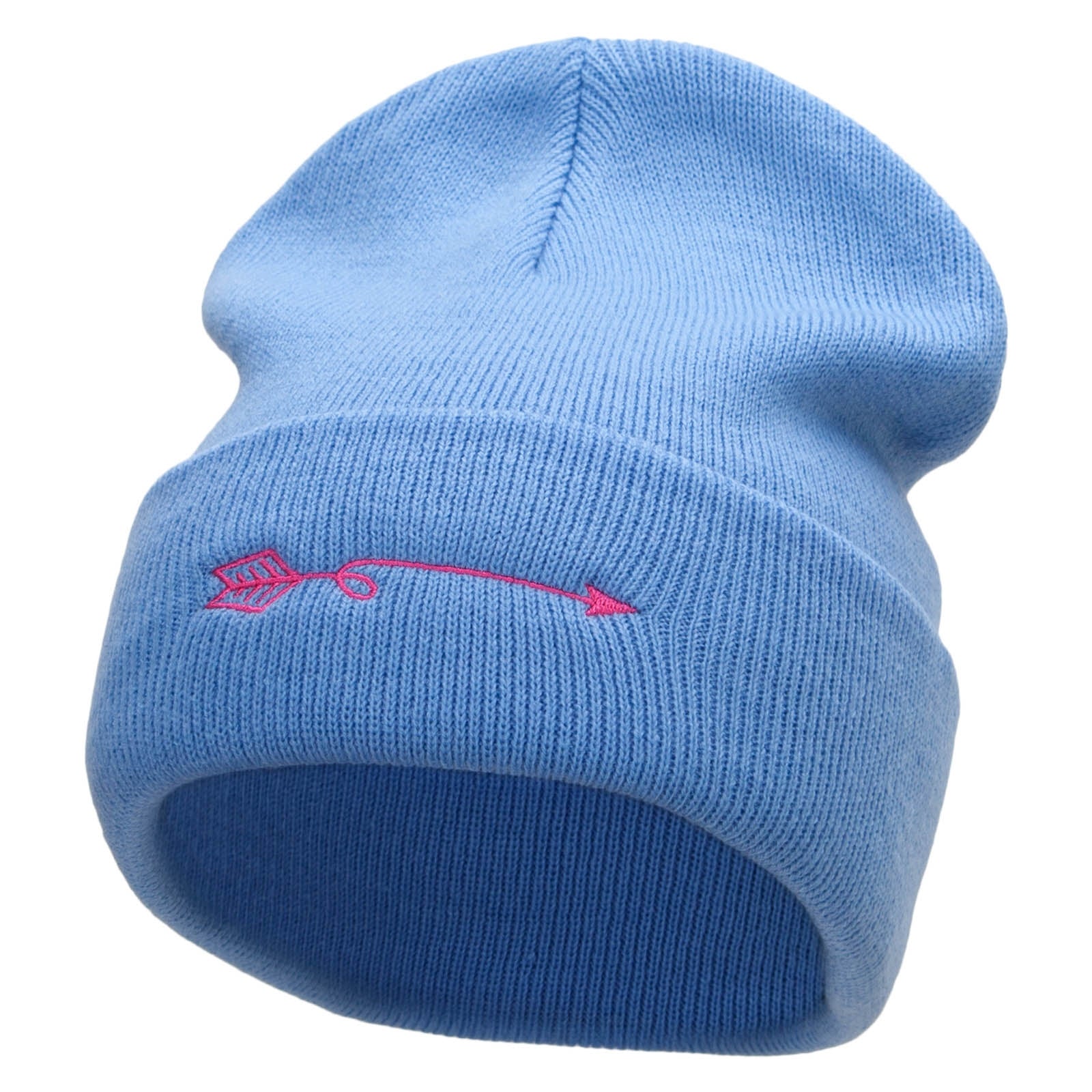 Swirly Arrow Embroidered 12 Inch Long Knitted Beanie - Sky Blue OSFM