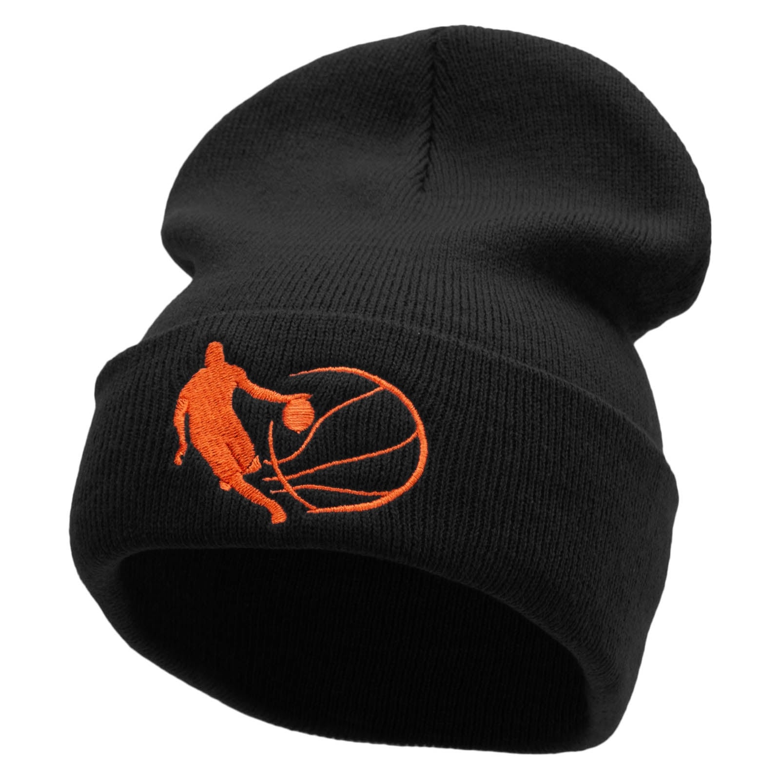Basketball Dribble Embroidered 12 Inch Long Knitted Beanie - Black OSFM