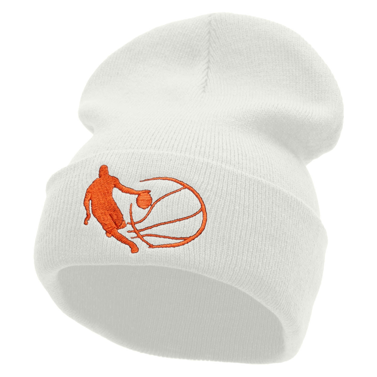 Basketball Dribble Embroidered 12 Inch Long Knitted Beanie - White OSFM