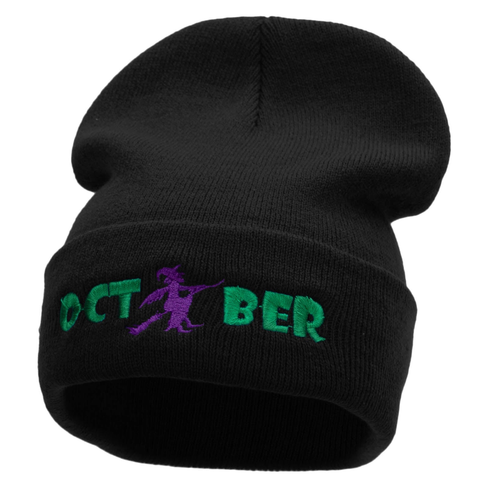 October Witch Embroidered 12 Inch Long Knitted Beanie - Black OSFM