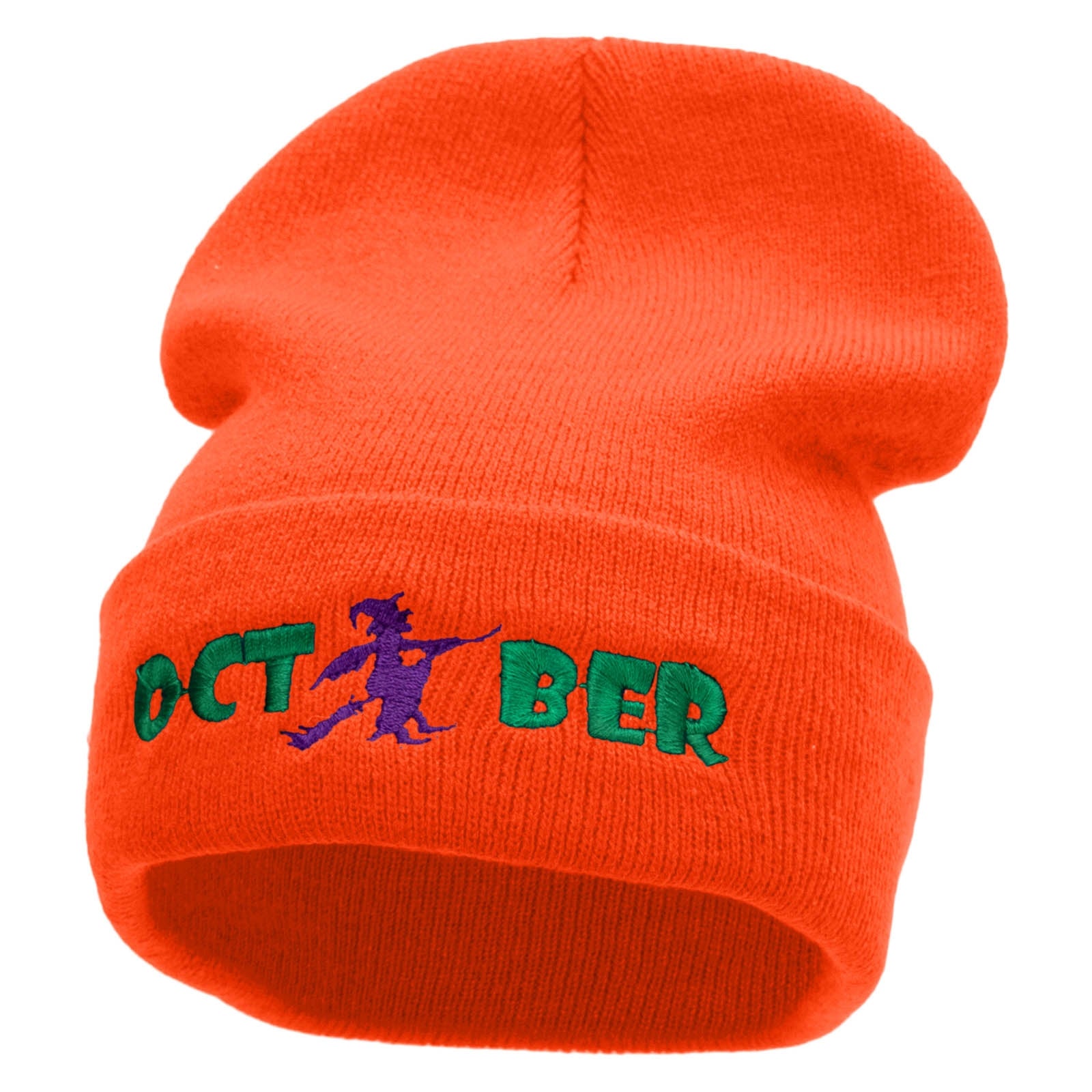 October Witch Embroidered 12 Inch Long Knitted Beanie - Orange OSFM