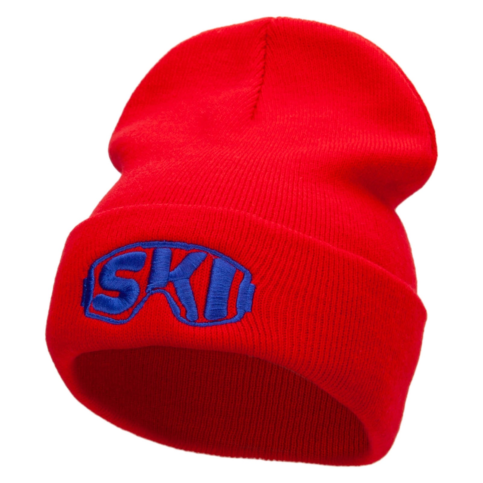 Ski Goggles Embroidered 12 Inch Long Knitted Beanie - Red OSFM