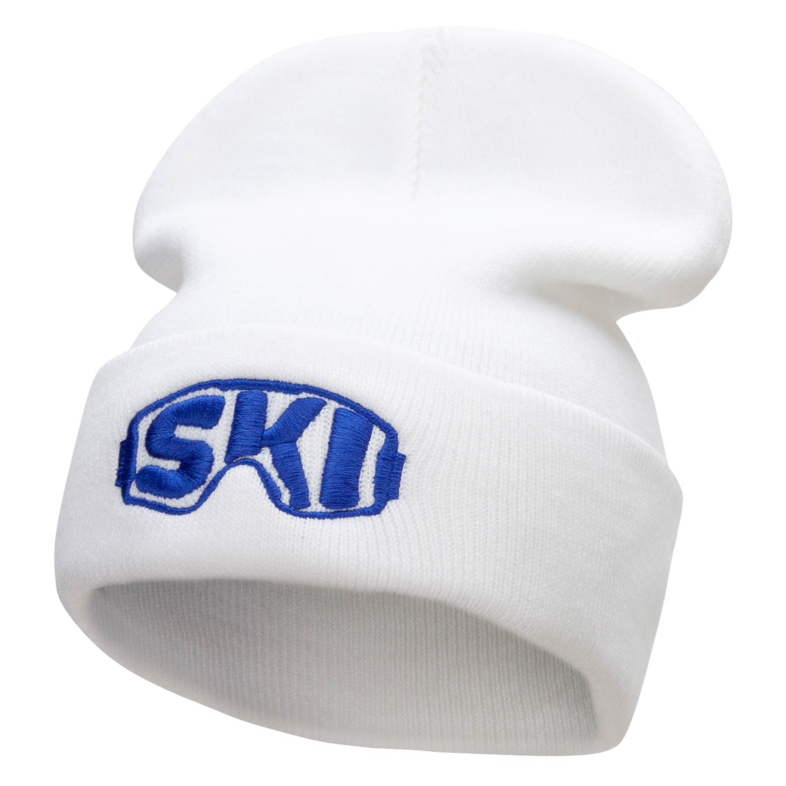 Ski Goggles Embroidered 12 Inch Long Knitted Beanie - White OSFM