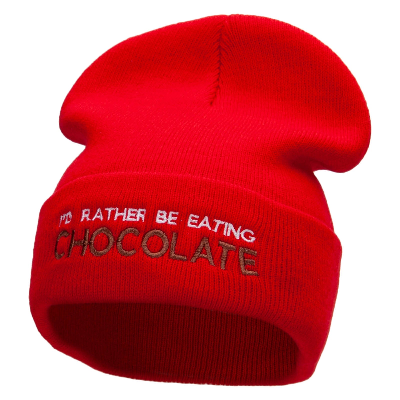 I Rather Be Eating Chocolate Embroidered 12 Inch Long Knitted Beanie - Red OSFM