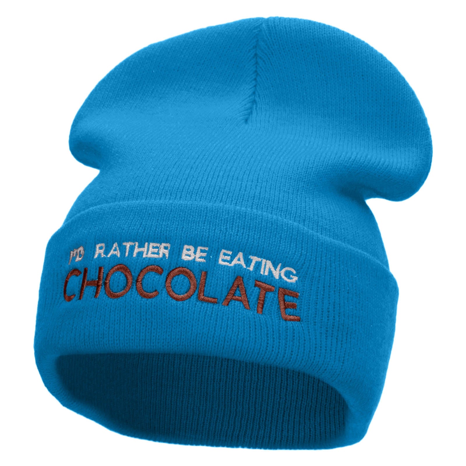 I Rather Be Eating Chocolate Embroidered 12 Inch Long Knitted Beanie - Aqua OSFM