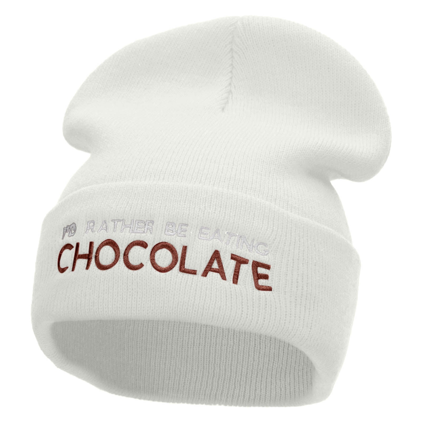 I Rather Be Eating Chocolate Embroidered 12 Inch Long Knitted Beanie - White OSFM