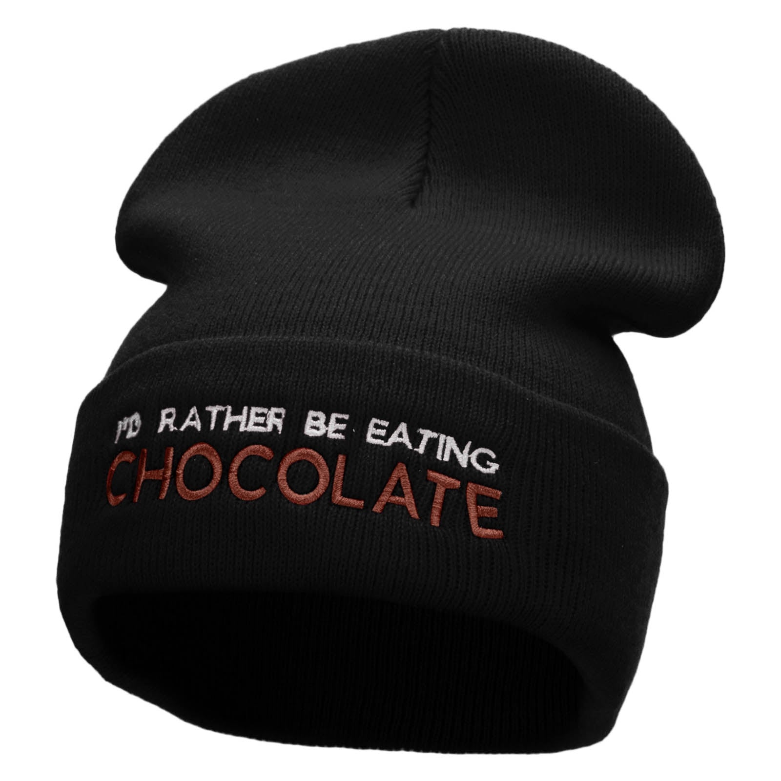 I Rather Be Eating Chocolate Embroidered 12 Inch Long Knitted Beanie - Black OSFM