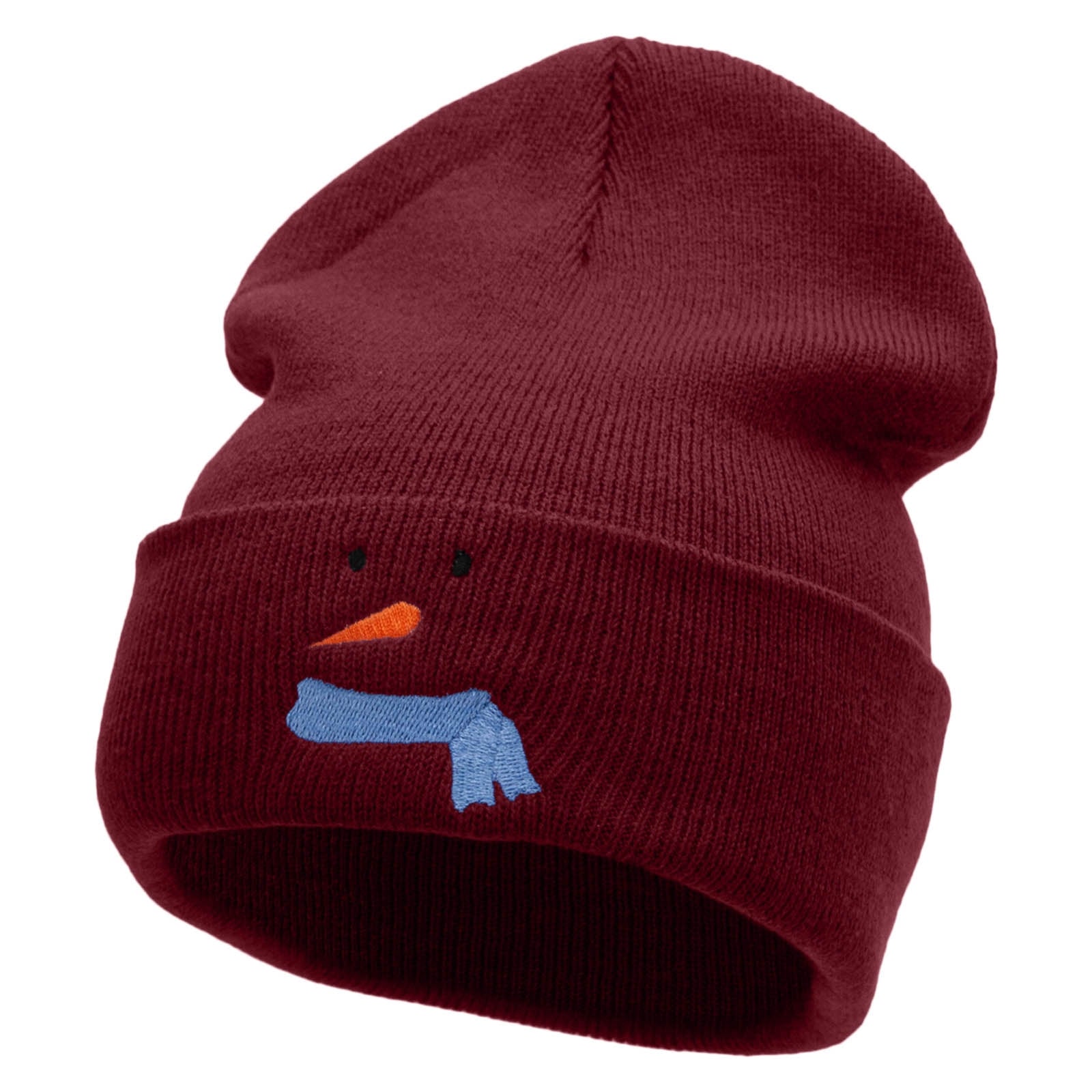 Minimal Snowman Embroidered 12 Inch Long Knitted Beanie - Maroon OSFM