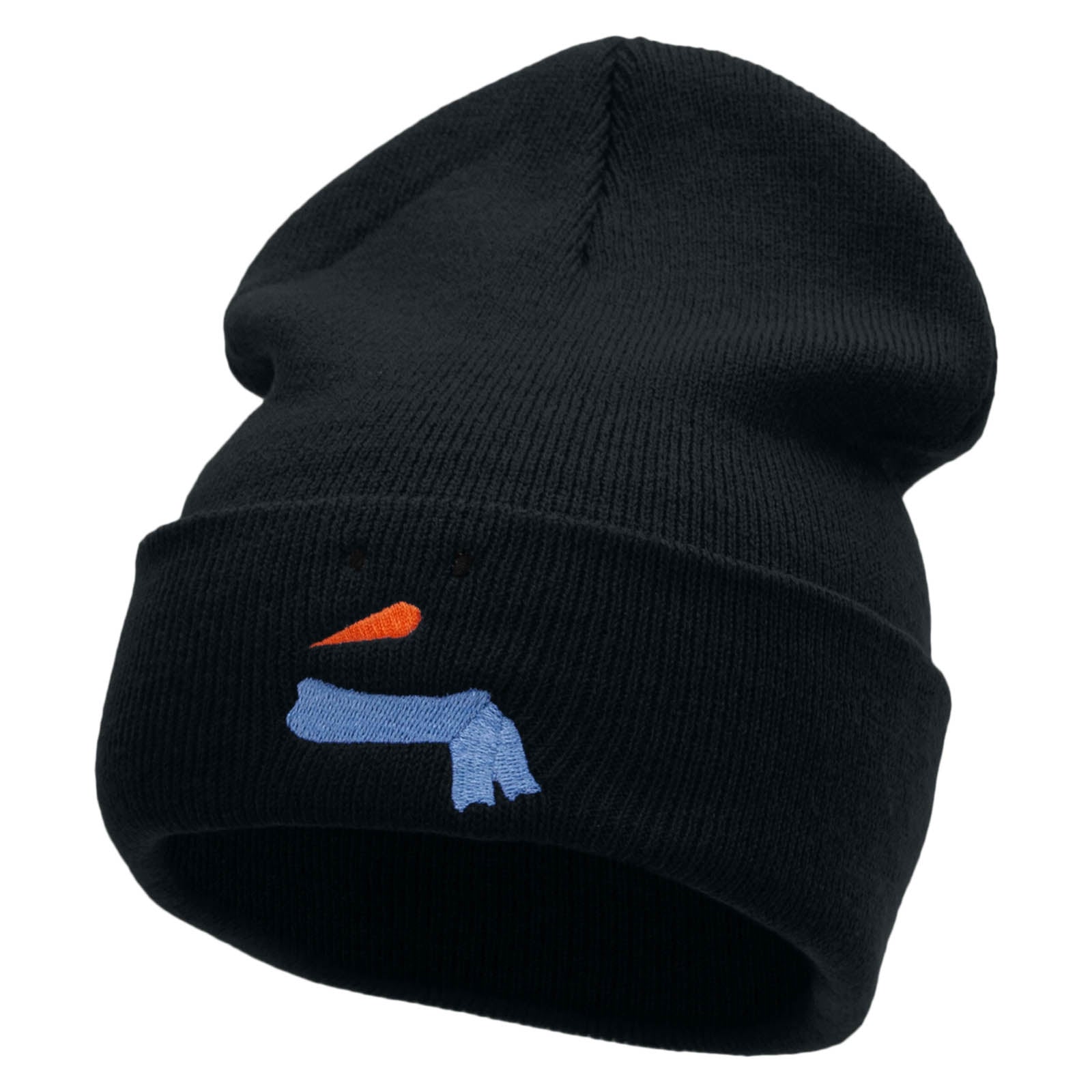 Minimal Snowman Embroidered 12 Inch Long Knitted Beanie - Navy OSFM