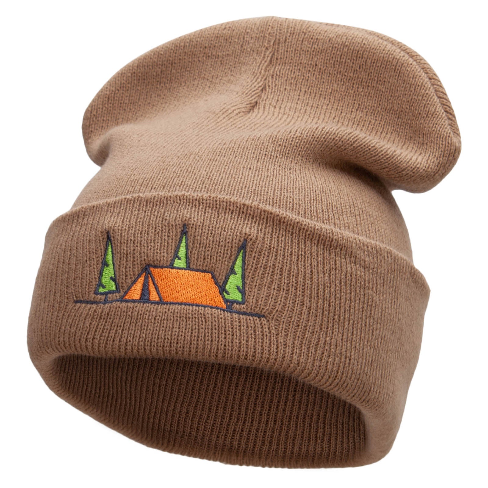 Scenic Camping Tent Embroidered 12 Inch Solid Long Beanie Made in USA - Khaki OSFM