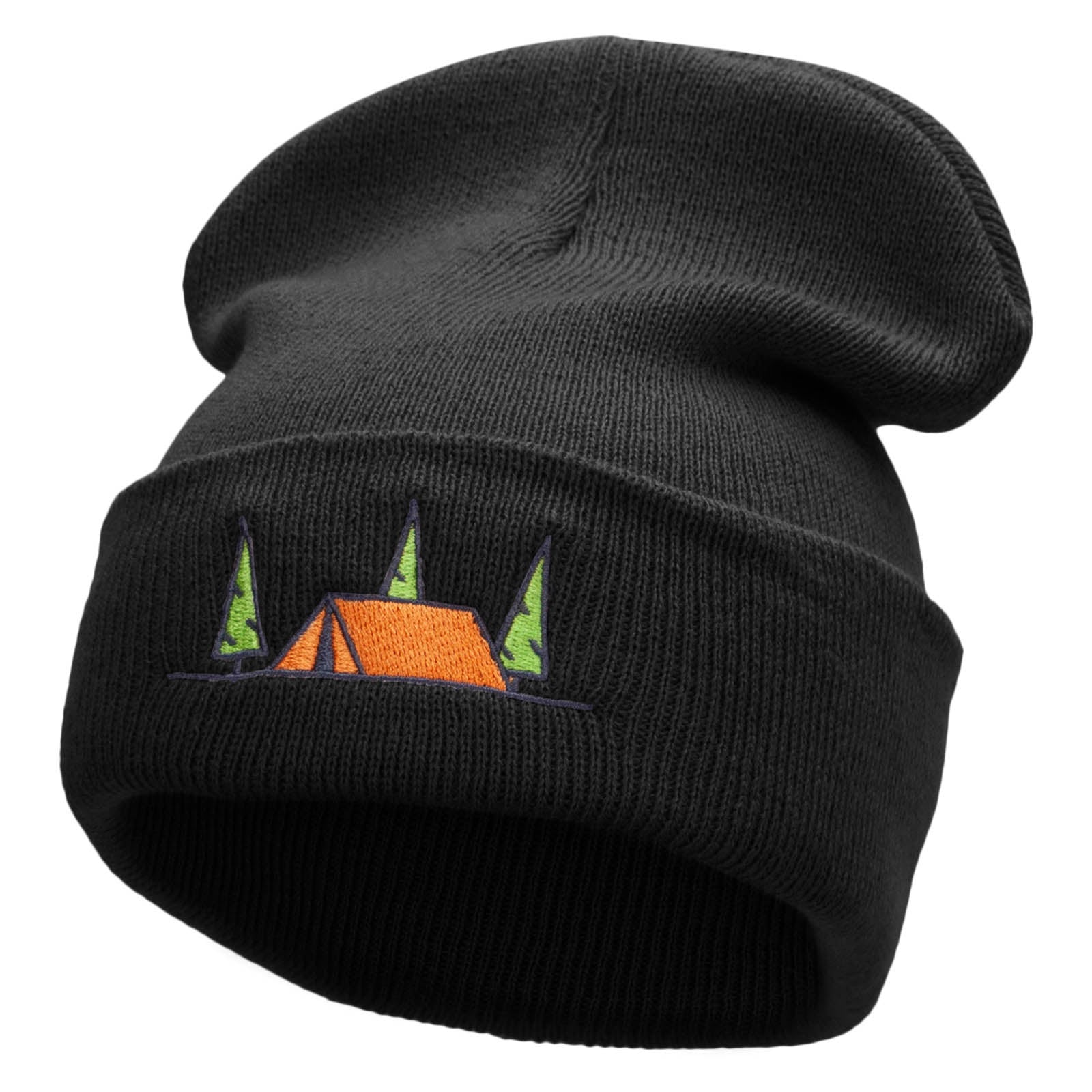 Scenic Camping Tent Embroidered 12 Inch Solid Long Beanie Made in USA - Black OSFM