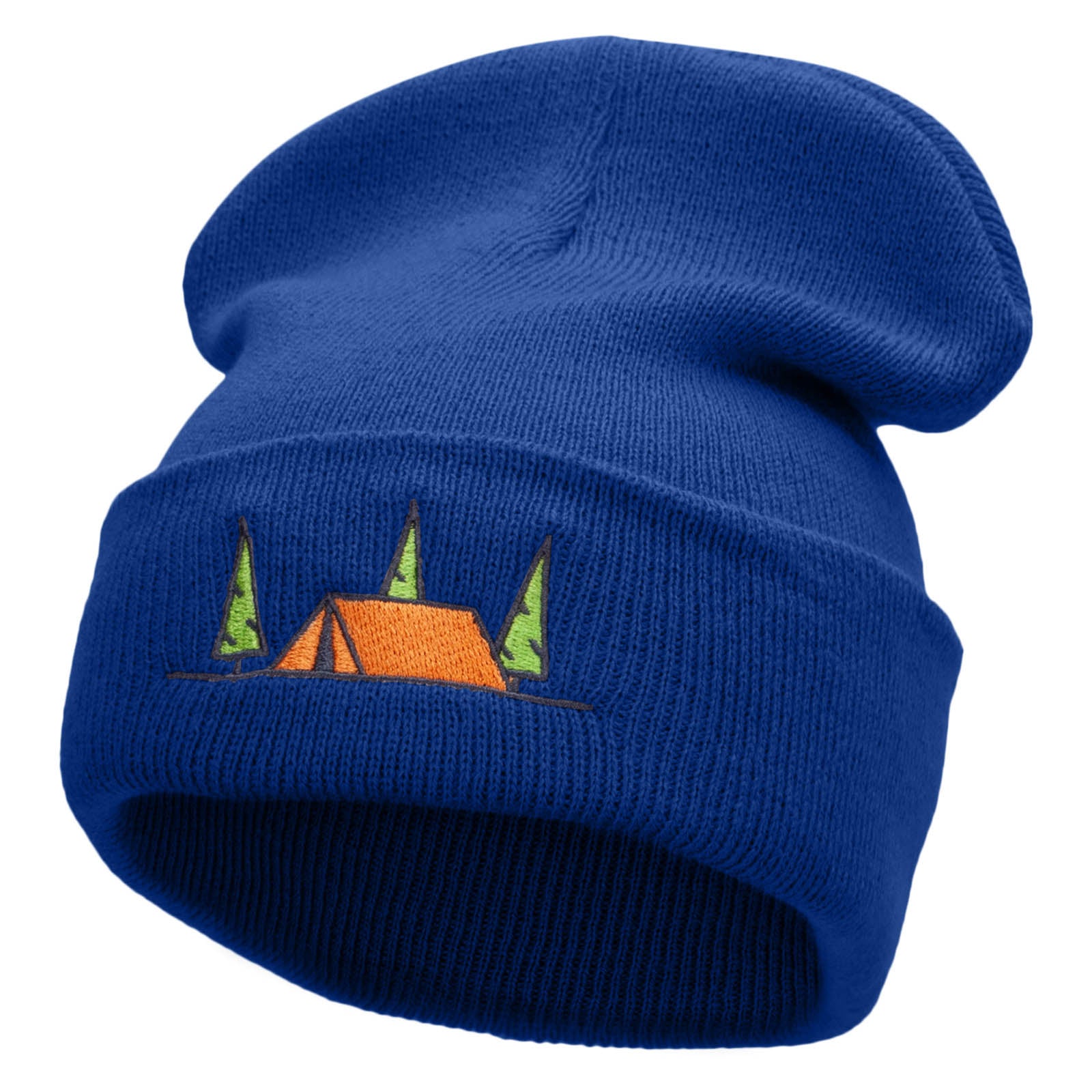 Scenic Camping Tent Embroidered 12 Inch Solid Long Beanie Made in USA - Royal OSFM