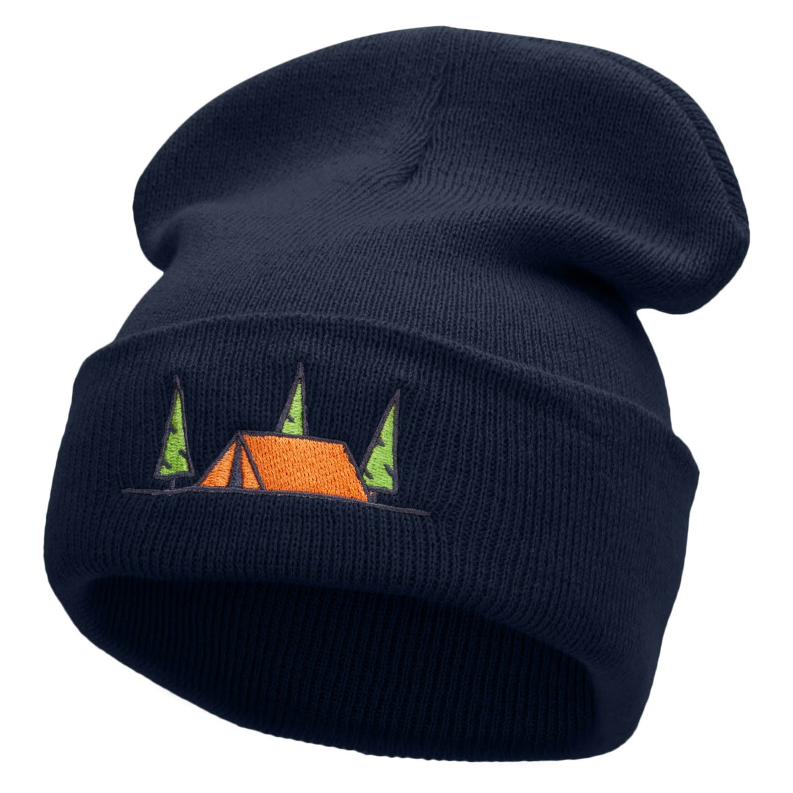 Scenic Camping Tent Embroidered 12 Inch Solid Long Beanie Made in USA - Navy OSFM
