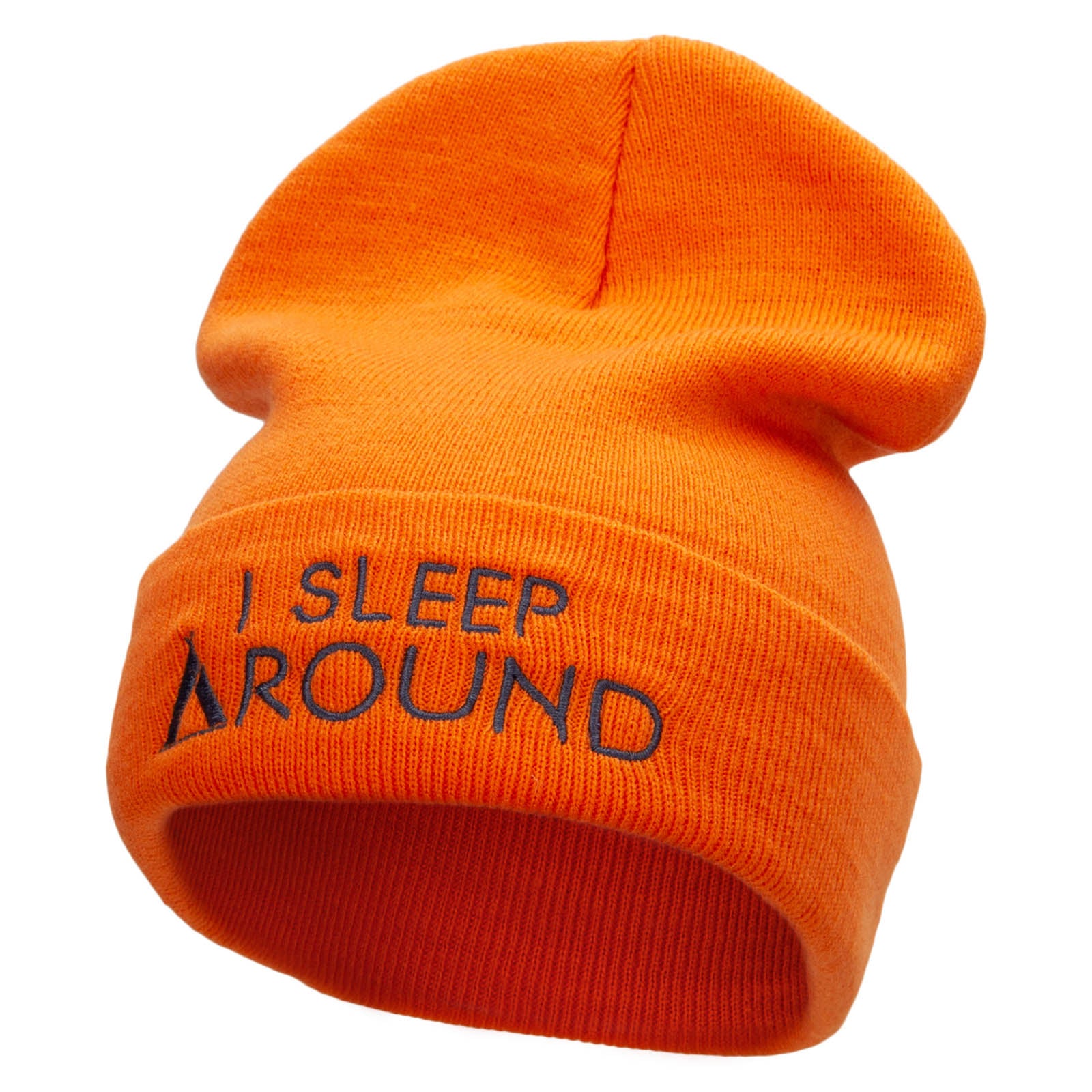 I Sleep Around Embroidered 12 Inch Long Knitted Beanie - Orange OSFM