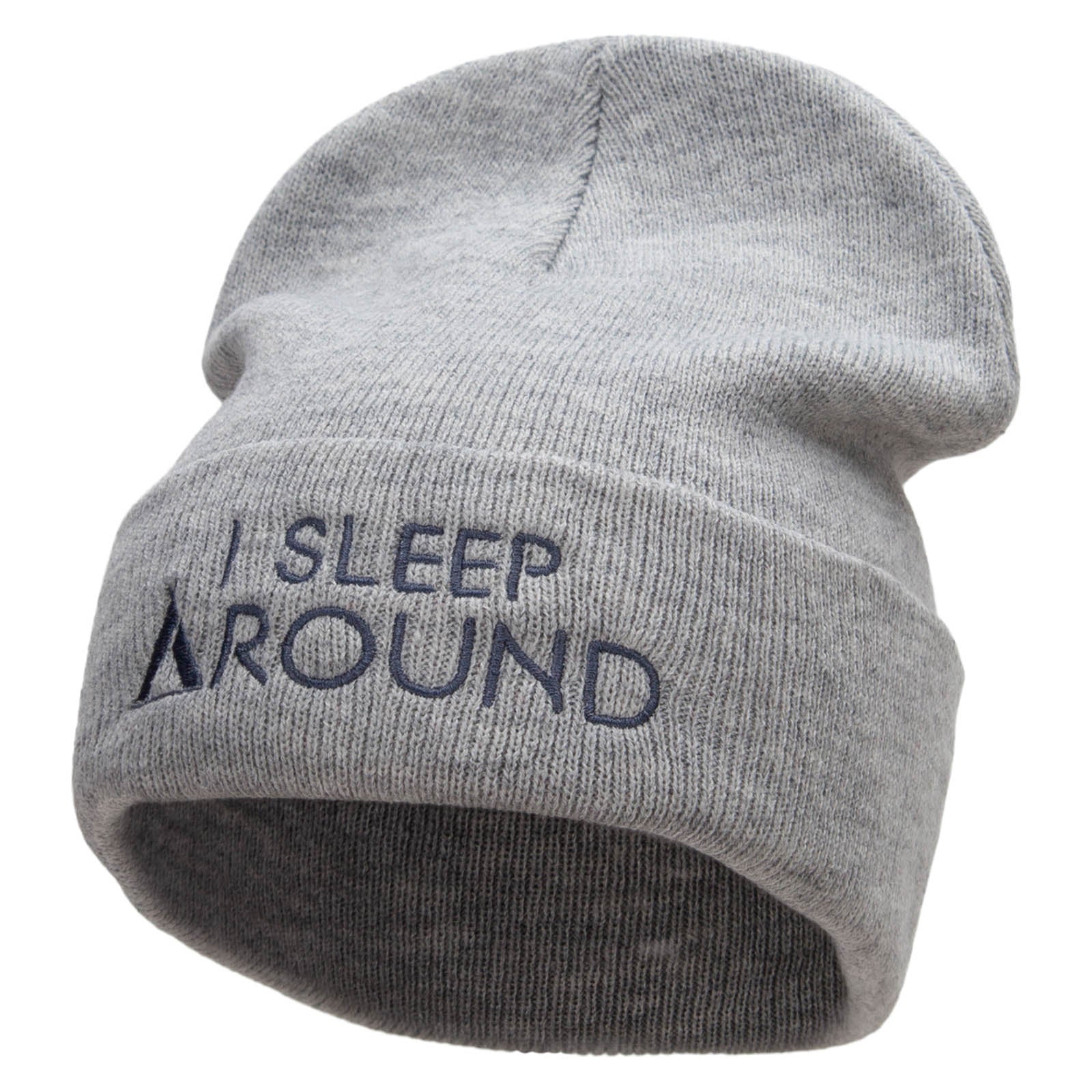 I Sleep Around Embroidered 12 Inch Long Knitted Beanie - Heather Grey OSFM