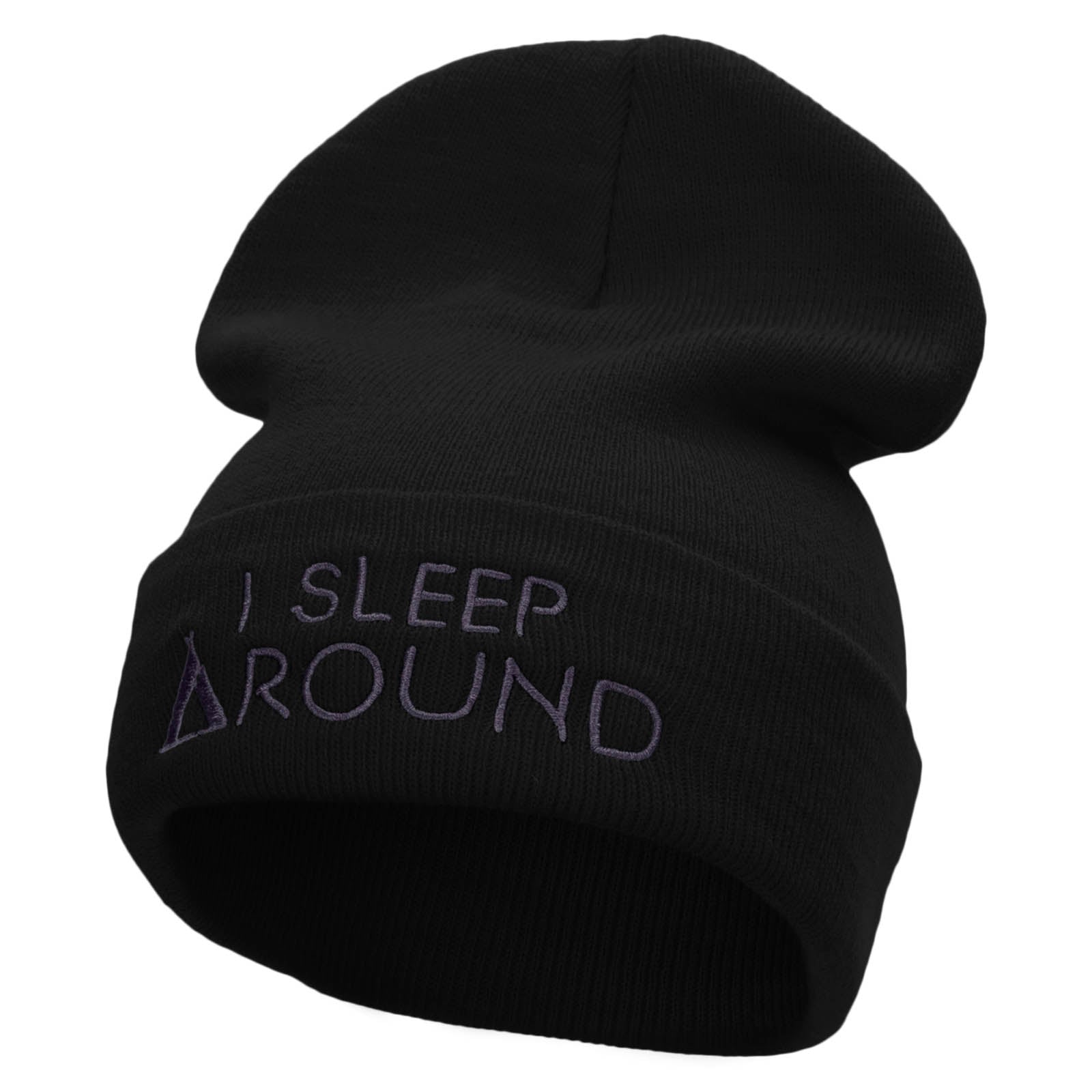 I Sleep Around Embroidered 12 Inch Long Knitted Beanie - Black OSFM