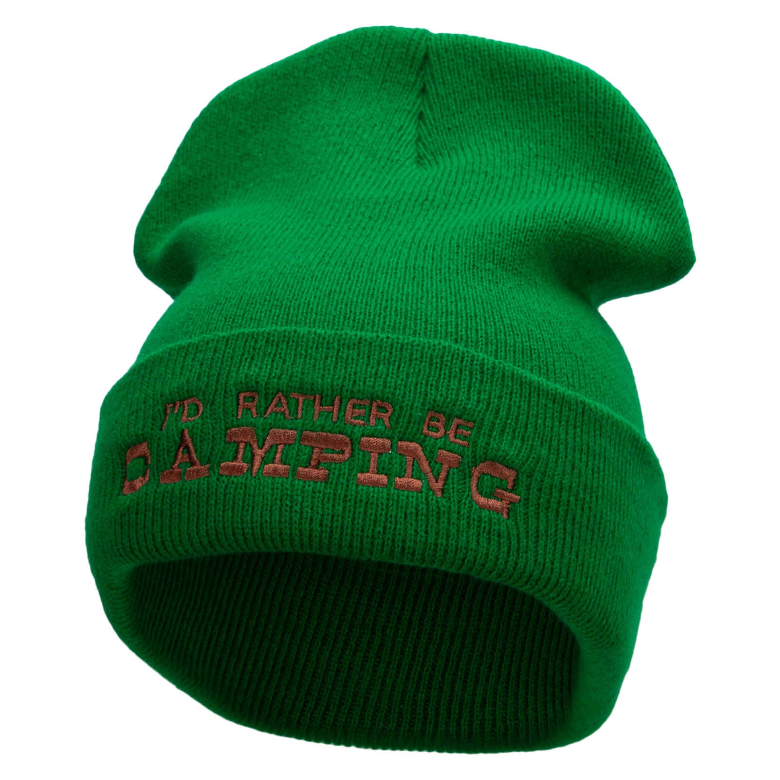 I&#039;d Rather Be Camping Embroidered 12 Inch Solid Long Beanie Made in USA - Kelly Green OSFM