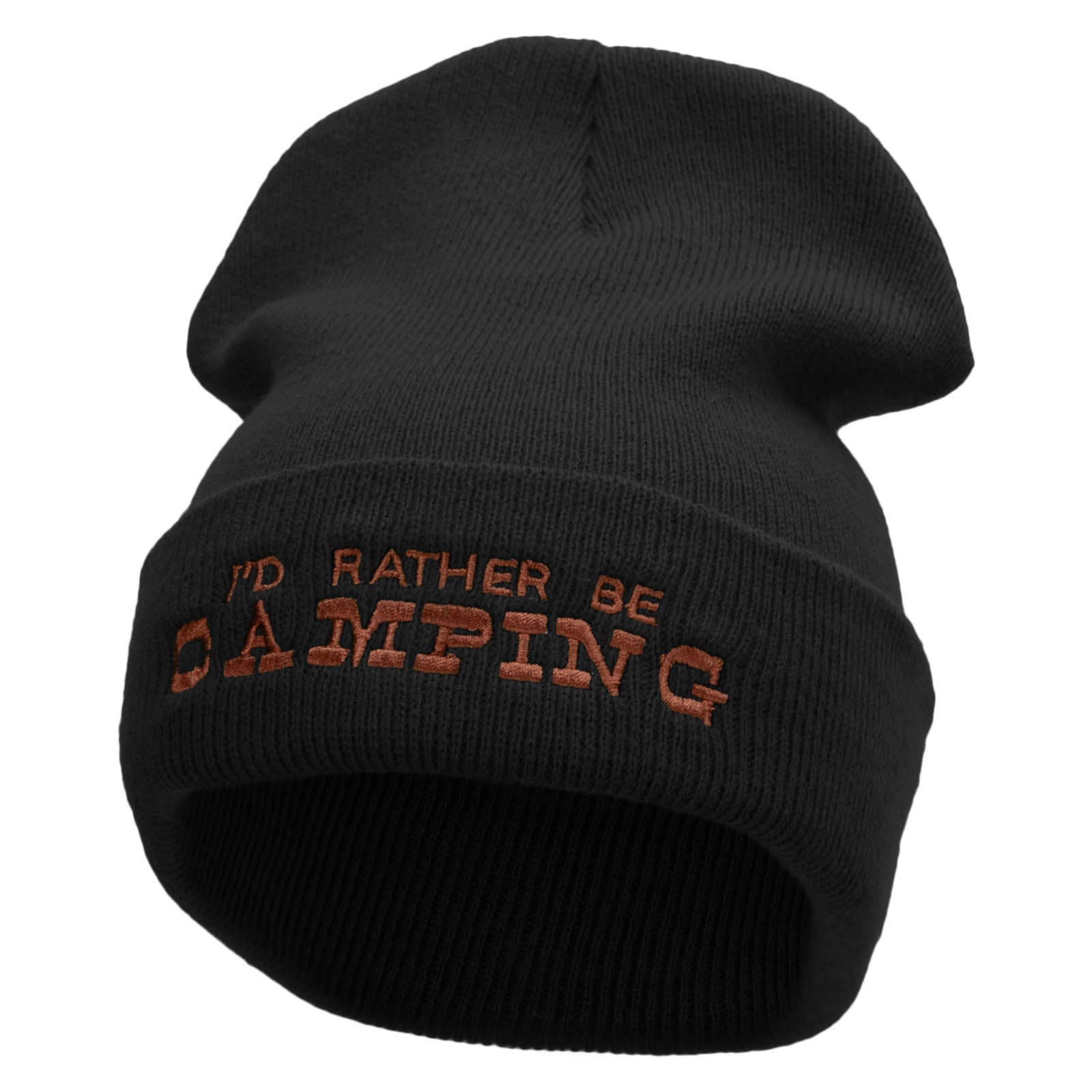 I&#039;d Rather Be Camping Embroidered 12 Inch Solid Long Beanie Made in USA - Black OSFM