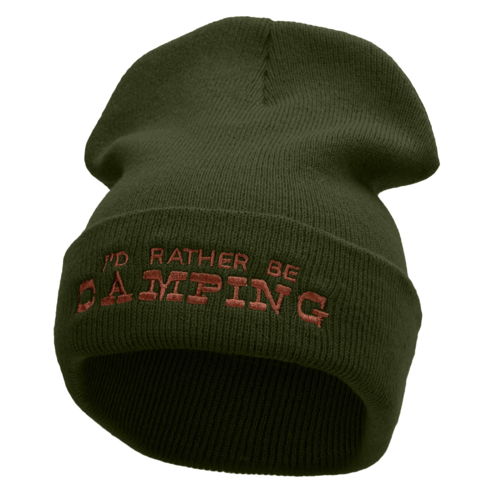 I&#039;d Rather Be Camping Embroidered 12 Inch Solid Long Beanie Made in USA - Olive OSFM