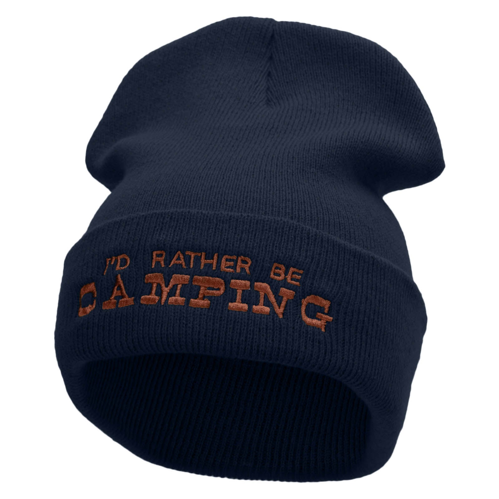 I&#039;d Rather Be Camping Embroidered 12 Inch Solid Long Beanie Made in USA - Navy OSFM