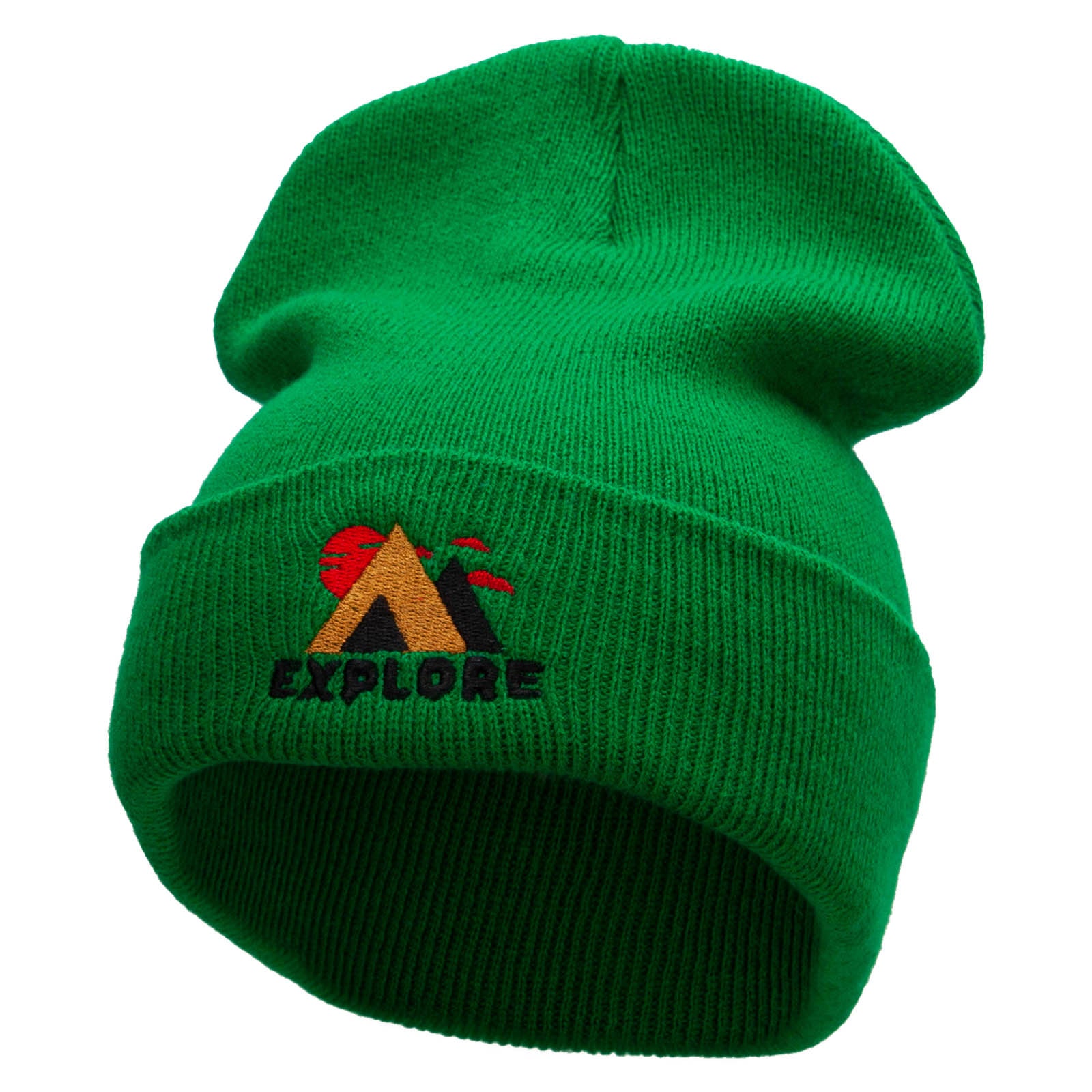 Explore Embroidered 12 Inch Solid Long Beanie Made in USA - Kelly Green OSFM