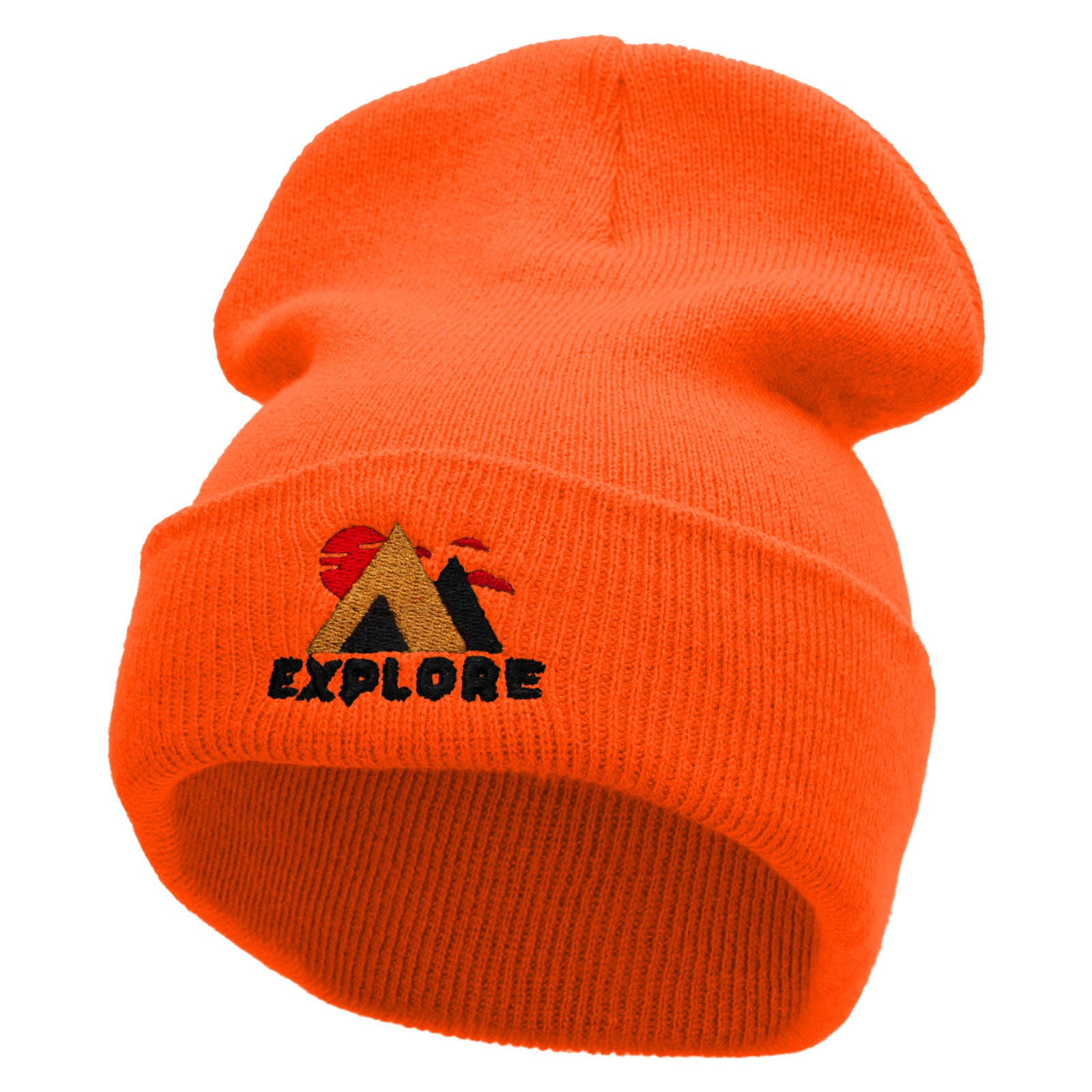Explore Embroidered 12 Inch Solid Long Beanie Made in USA - Neon Orange OSFM