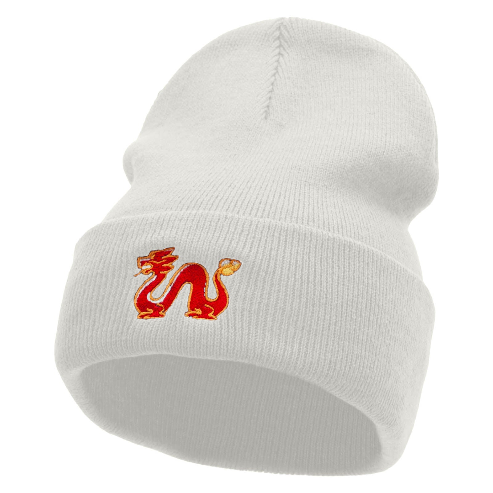 Chinese Dragon Embroidered 12 Inch Long Knitted Beanie - White OSFM